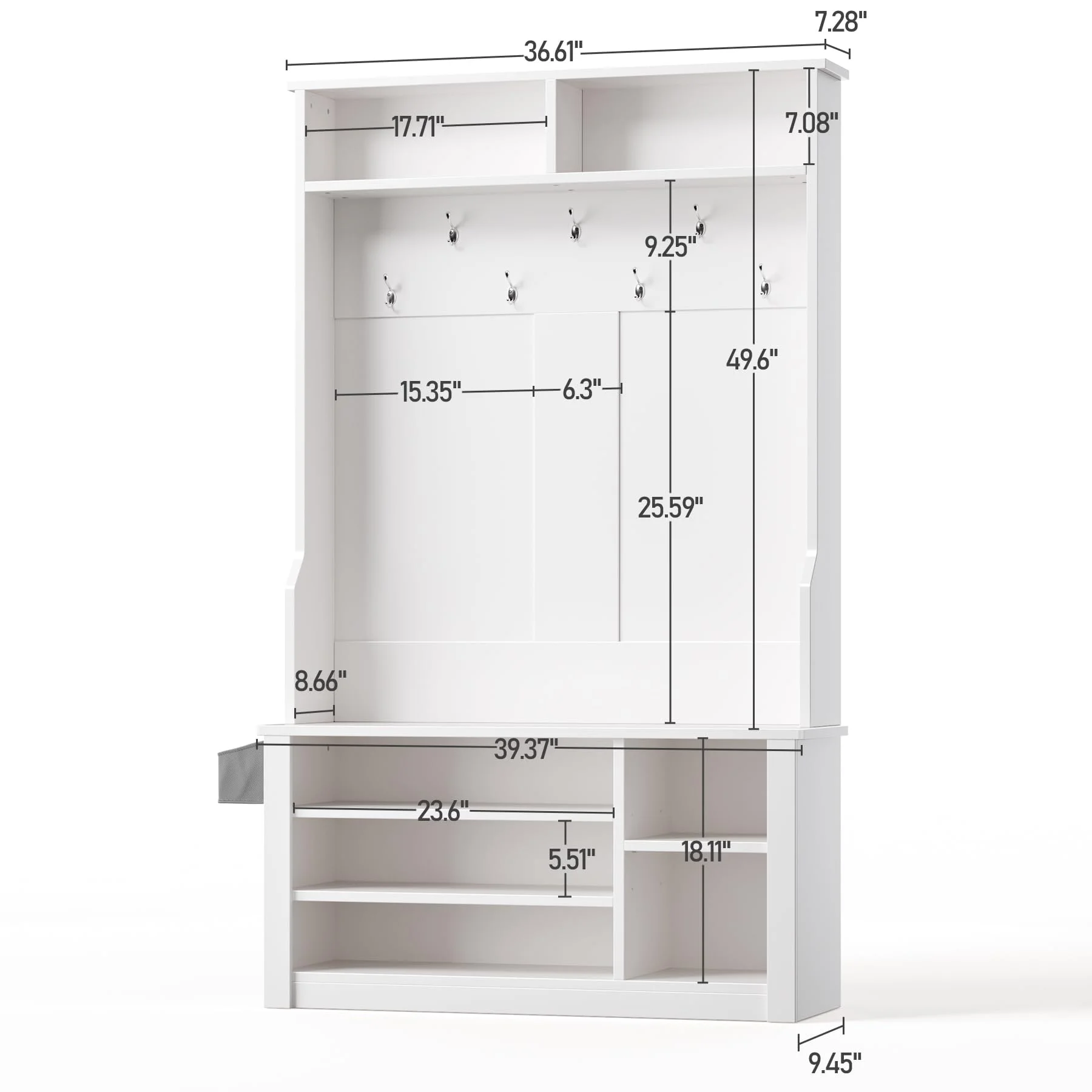 Lofka 5-in-1 Hall Tree with Bench and Shoe Storage, Entryway Hall Tree with Coat Rack, Adjustable Shoe Storage, 2-tier top storage,White - Image 6