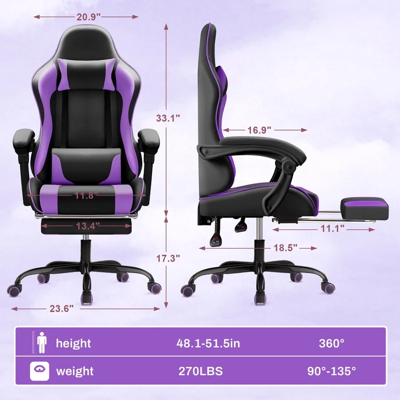 Lacoo PU Leather Gaming Chair Massage Ergonomic Gamer Chair Height Adjustable Computer Chair with Footrest & Lumbar Support, White - Image 42