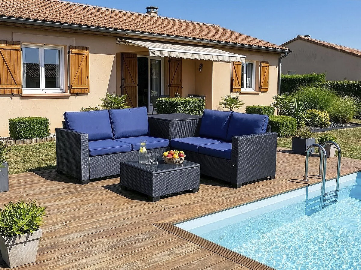 Salon de jardin en résine tressée avec coffre de rangement 
