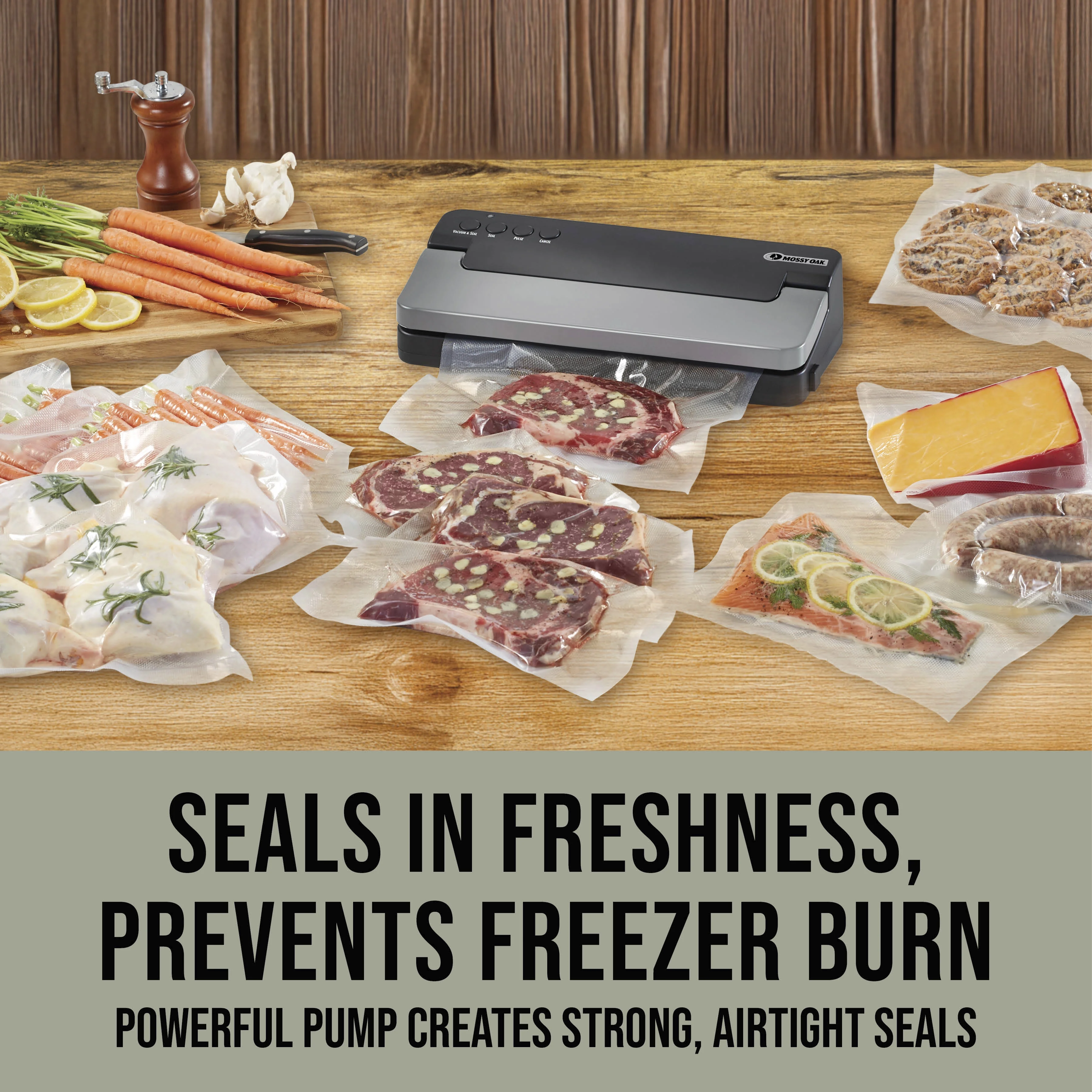 Mossy Oak Electric Vacuum Sealer with 10 Bag Starter Kit (6-Quart, 4-Gallon), 3 Easy-to-Use Modes