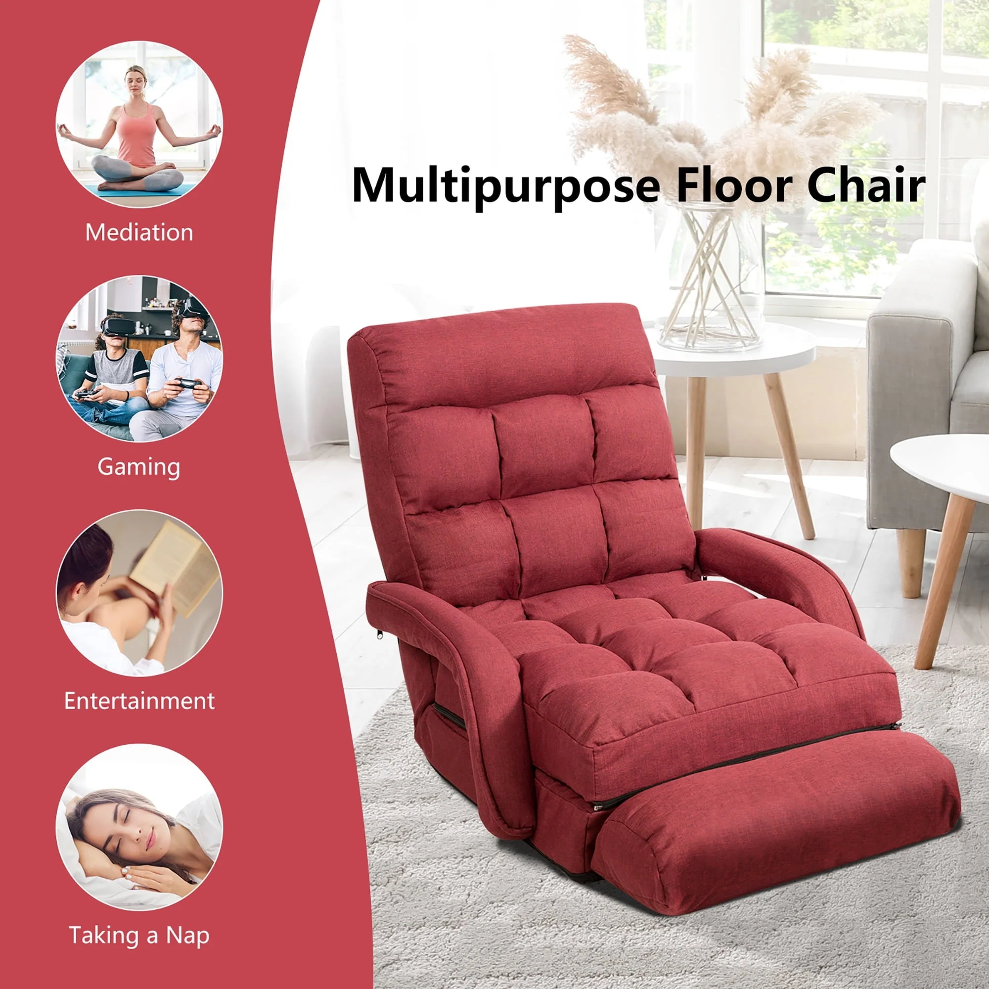 Costway Folding Floor Armchair w/ 6-position Adjustable Back & Lumbar Pillow Red - Image 5