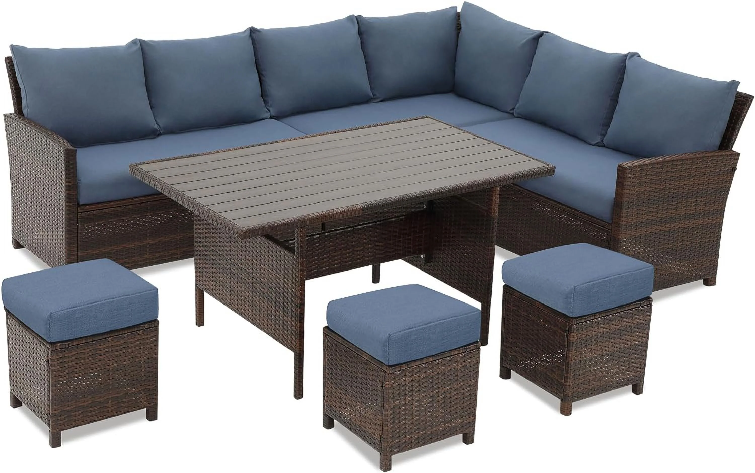 Superjoe Patio Furniture Conversation Set, 7 Piece High Curved Back All Weather Wicker Outdoor Dining Sectional Sofa with Dining Table and Chair, Blue