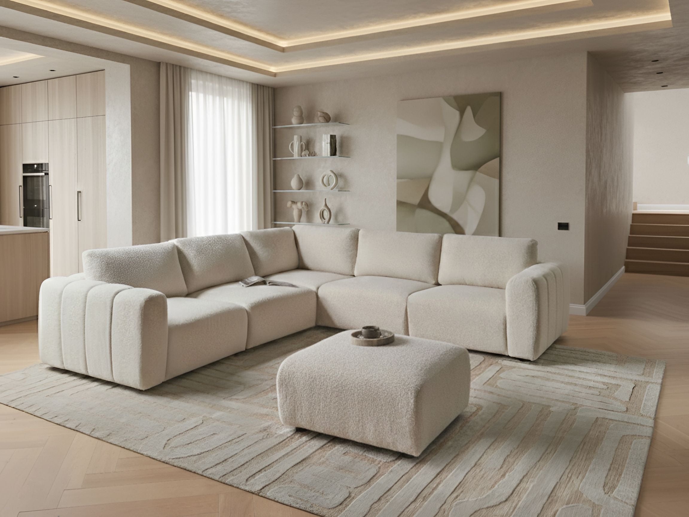 Modular Corner Sofa 5 Seater KIVVIK Boucle Off-White with Ottoman Right Hand