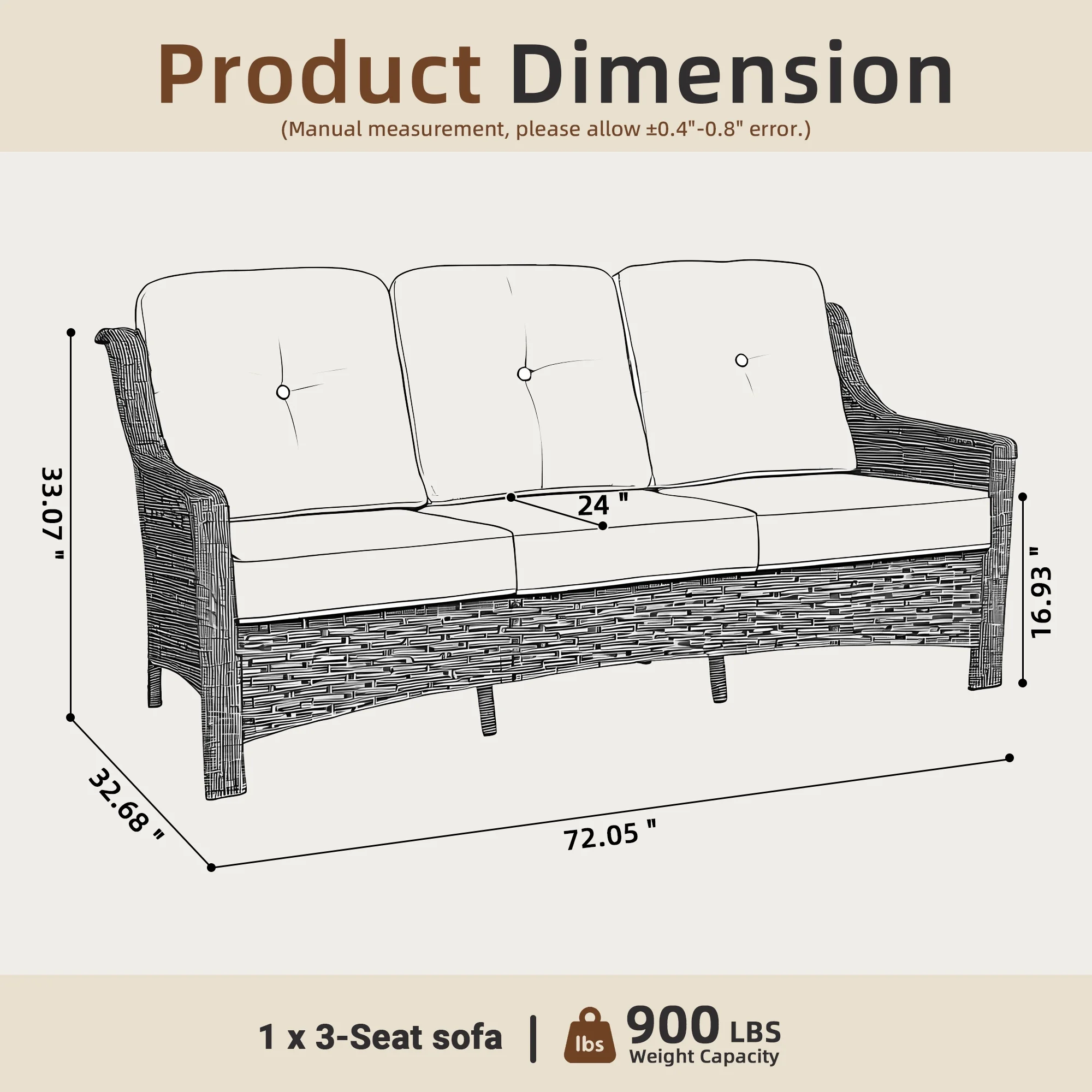 Ovios Outdoor Patio Sofa 3-Seater with Cushions All-Weather Wicker Rattan Couch for Garden, Porch, or Backyard - Image 12