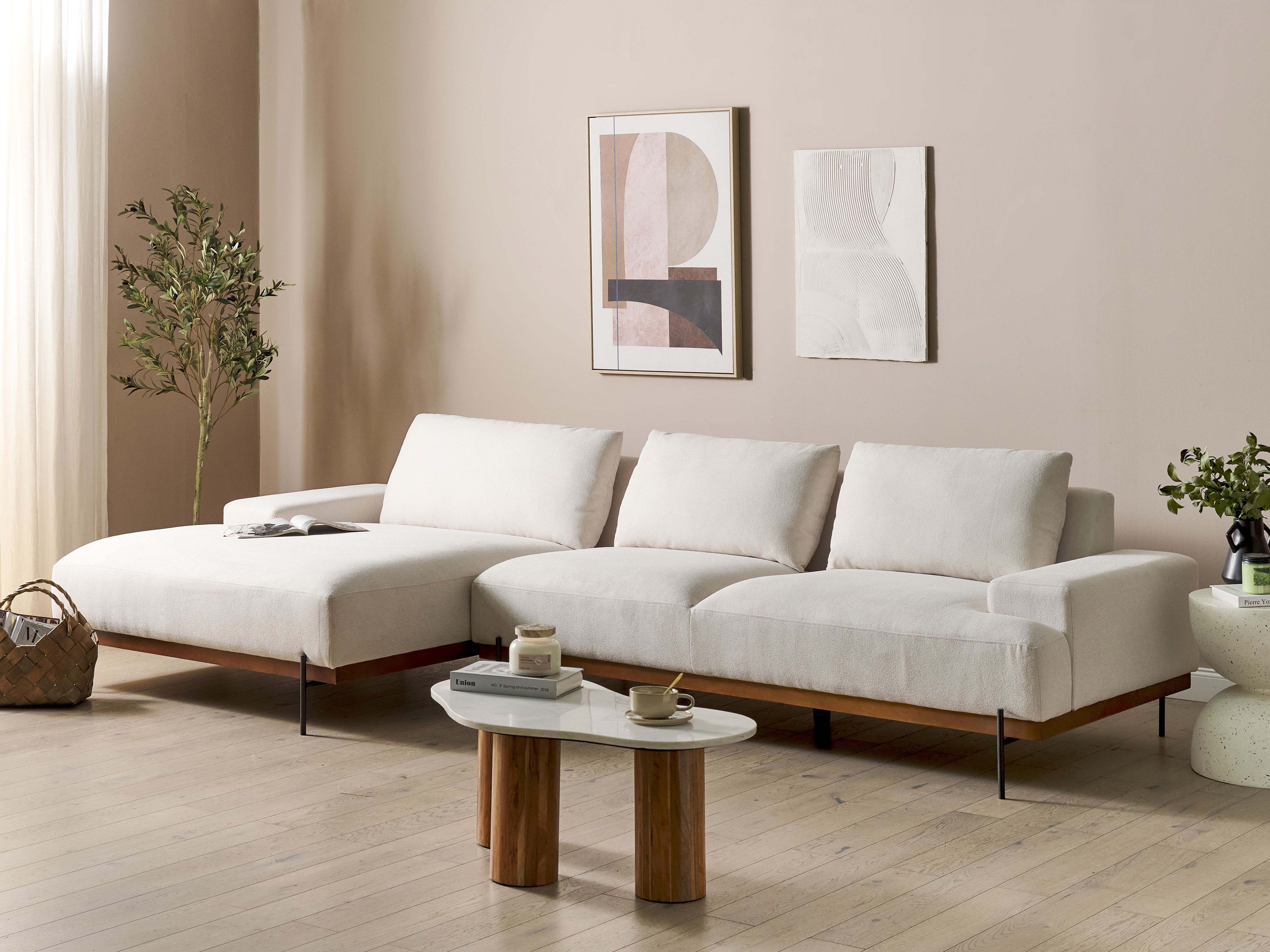 Corner Sofa 4 Seater MARIFERD Fabric Light Beige Right Hand