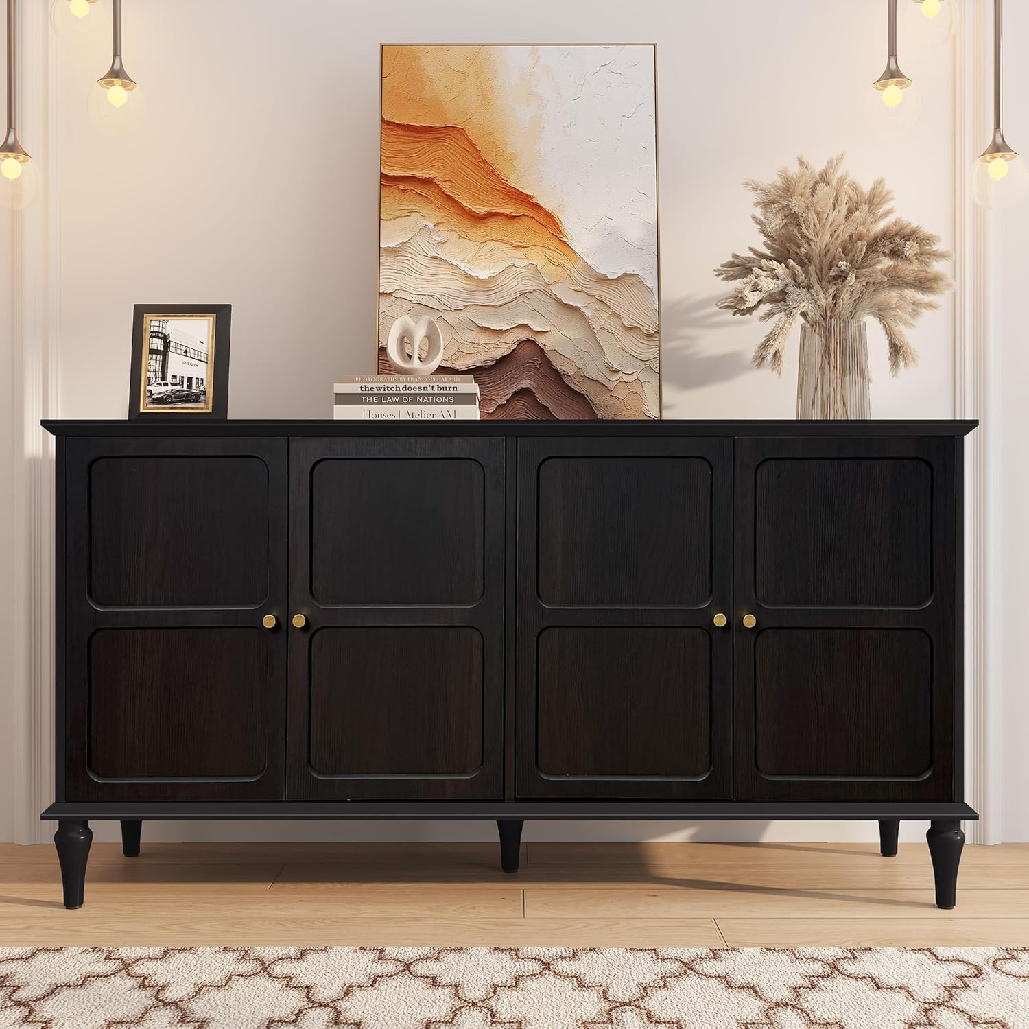 ARTPOWER 58'' Mid-Century Modern Buffet Storage Cabinet with 4 Doors and Adjustable Shelves, Accent Style Sideboard for Entryway, Dining Room, Living Room, Espresso Brown