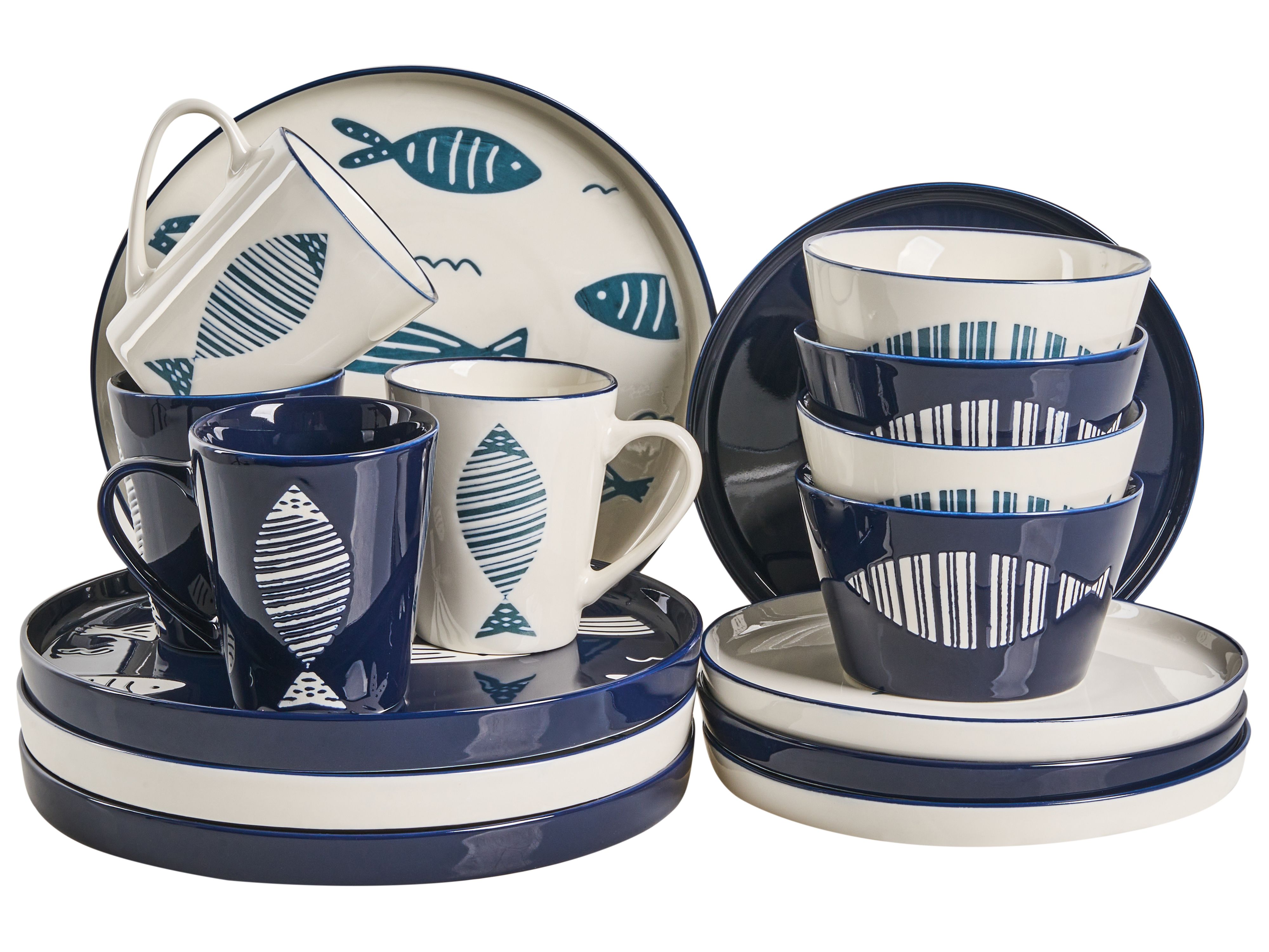 Set of 16 Dinnerware TAMARIND Porcelain White/ Blue