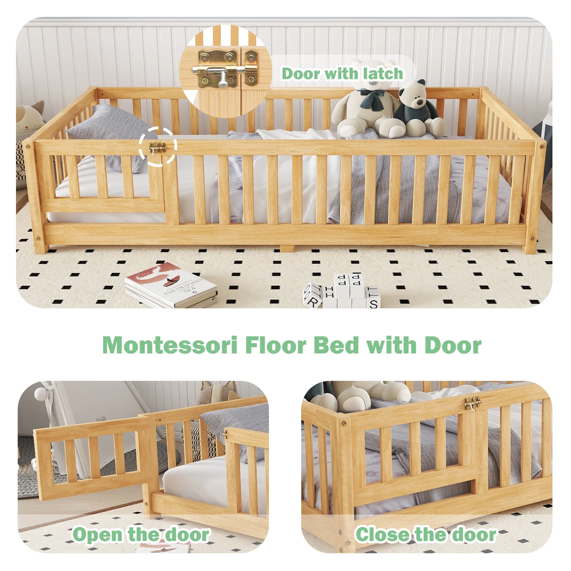 Bellemave Full Size Floor Bed with Door and Fence Floor Bed with Bed Slats Sturdy Wood Floor Bed Montessori Bed Frame (Full, Pink) - Image 12