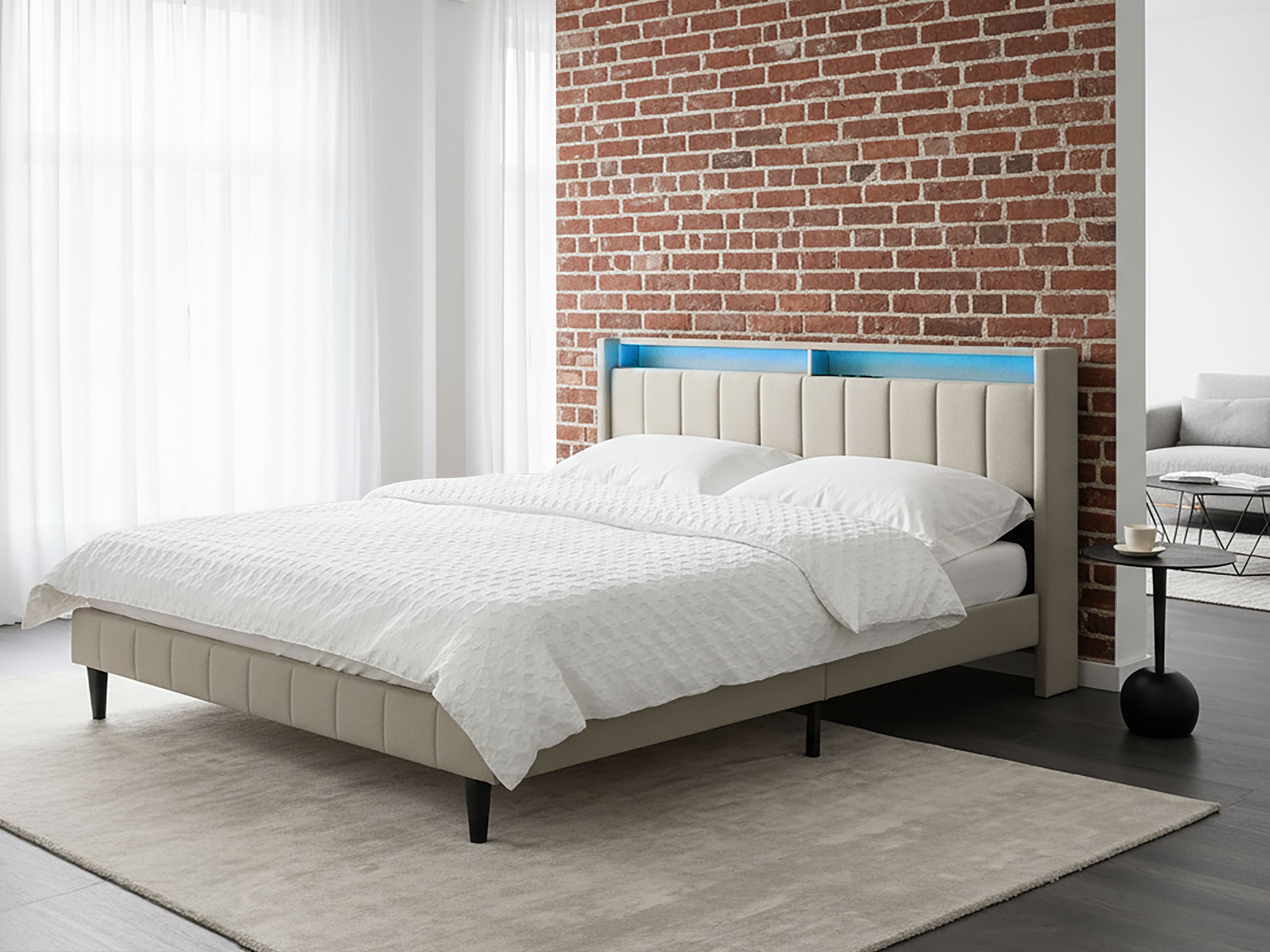 Bed with LED Fabric BEAULIEU 180 x 200 cm (EU Super King) with USB Port with Storage Beige