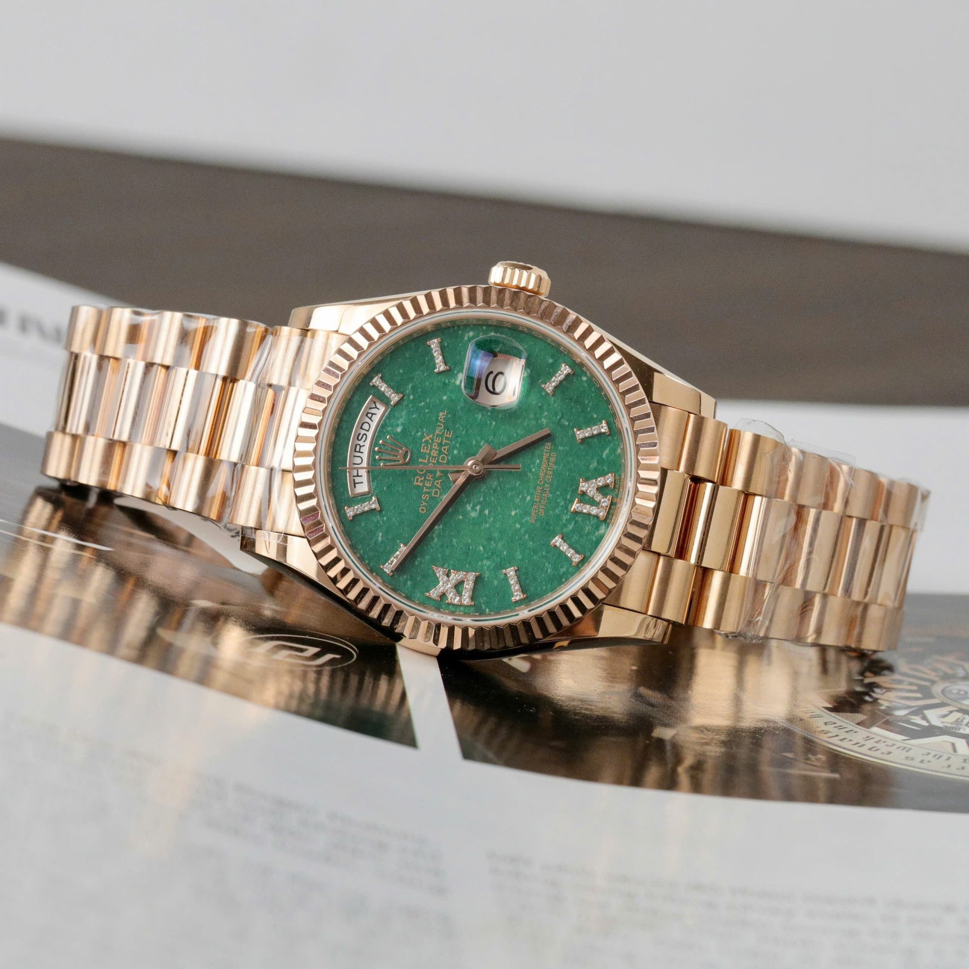 Rolex Day-Date 128235 Dial Aventurine Replica Watch Custom Gold Wrapped 36mm - Elite Watch Atelier