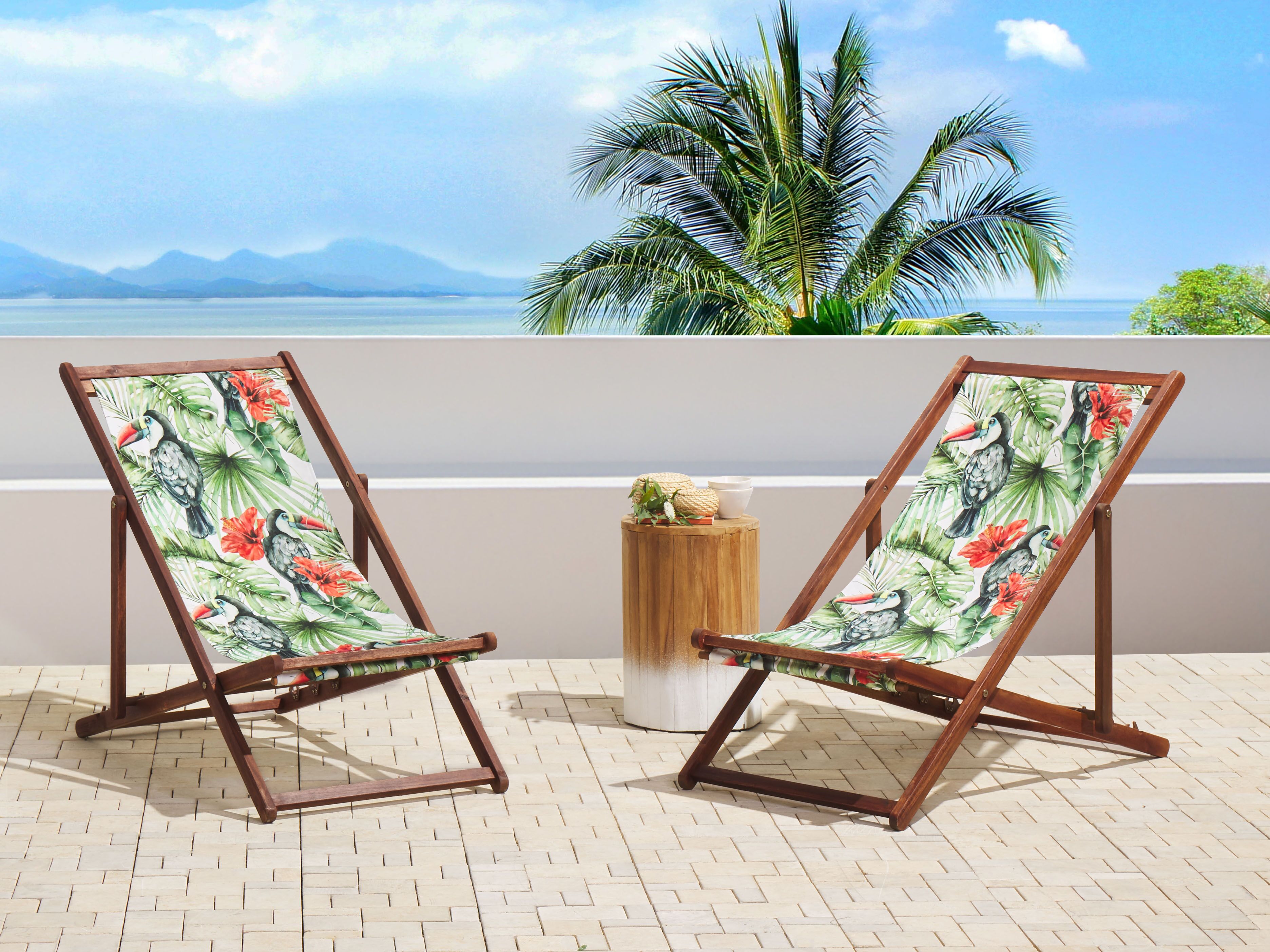 Set of 2 Folding Deck Chairs ANZIO with Replacement Fabrics Animal Motif Acacia Wood Dark Brown