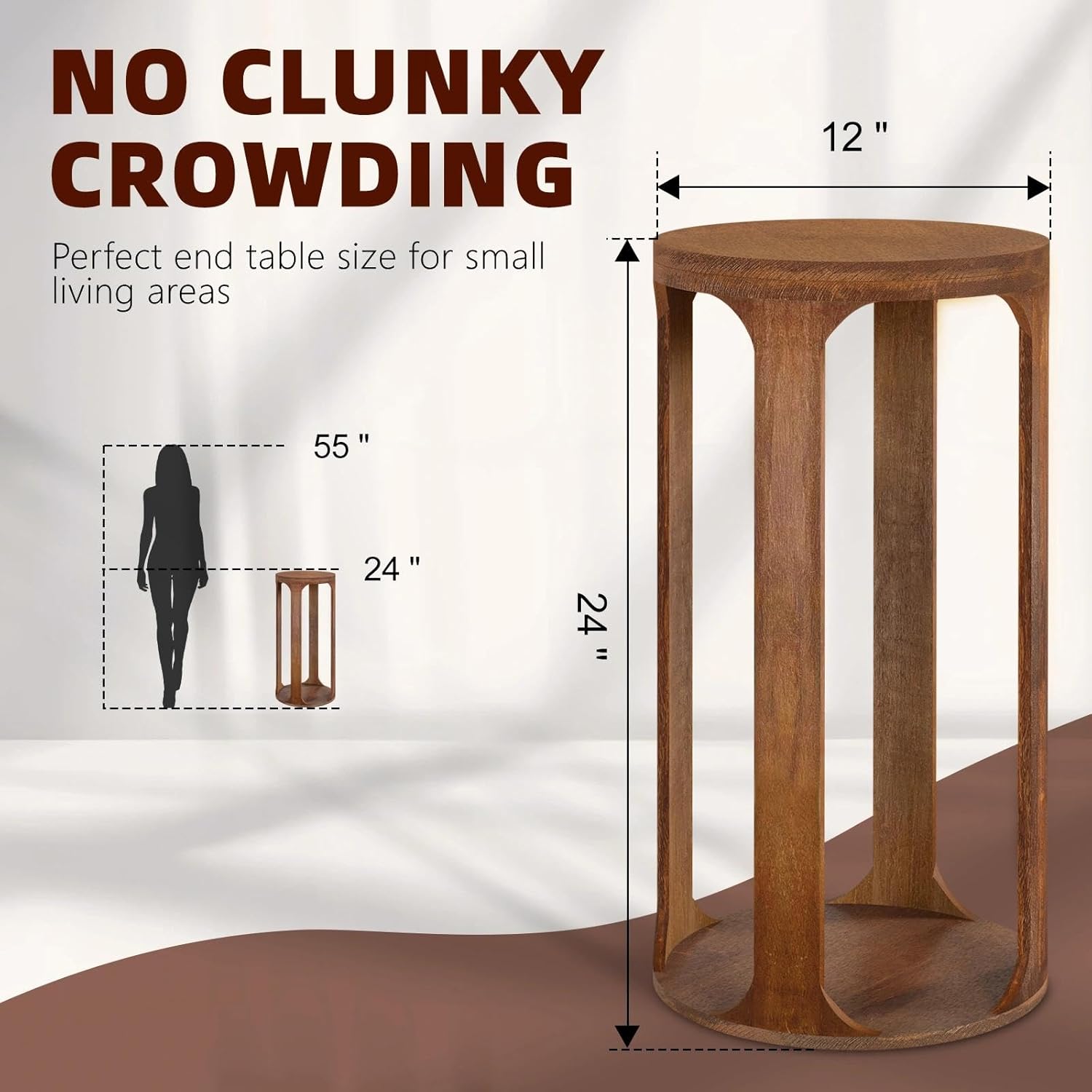 Wooden Drink Table, Pedestal Round End Table, Walnut Brown Nightstand Accent Tables, Small Side Tables for Living Room Plant Stand, Bedroom, 12