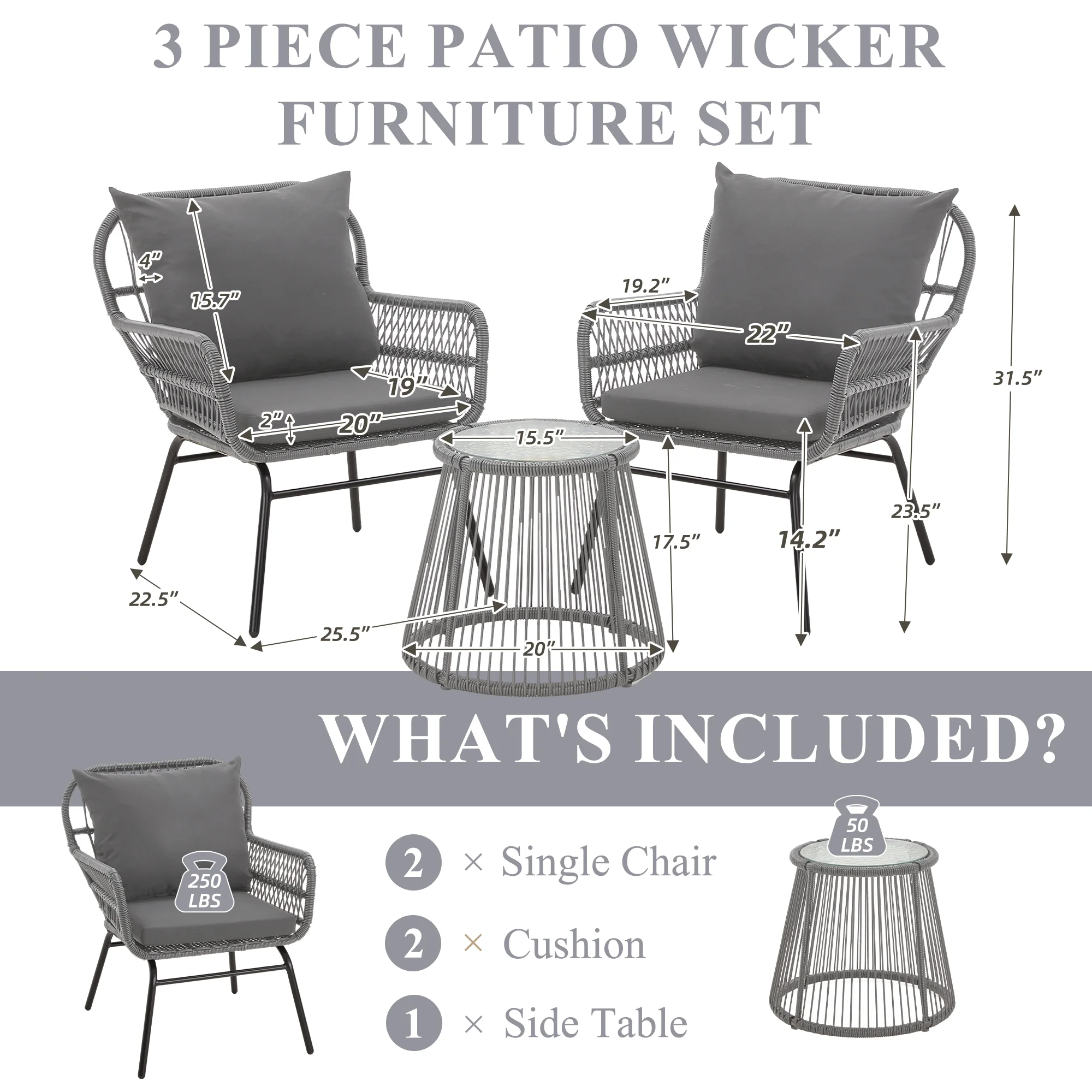 Bezseller 3-Piece Outdoor Wicker Furniture Set, Patio Conversation Set, Gray - Image 6