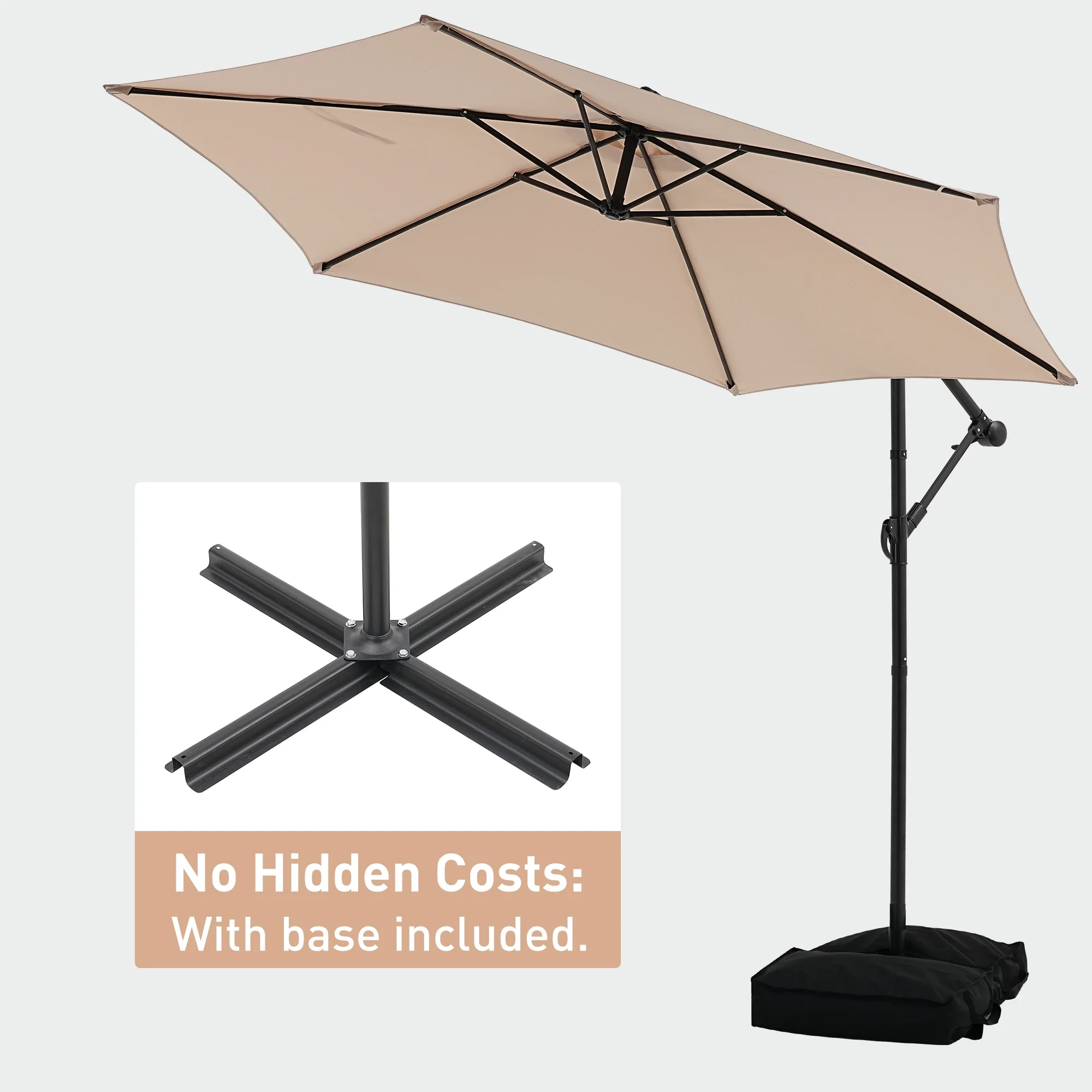 Ainfox 10ft Cantilever Patio Umbrella with Lights, Offset Market Umbrella with Sandbags Weighted Base and Cross Base,Khaki - Image 23