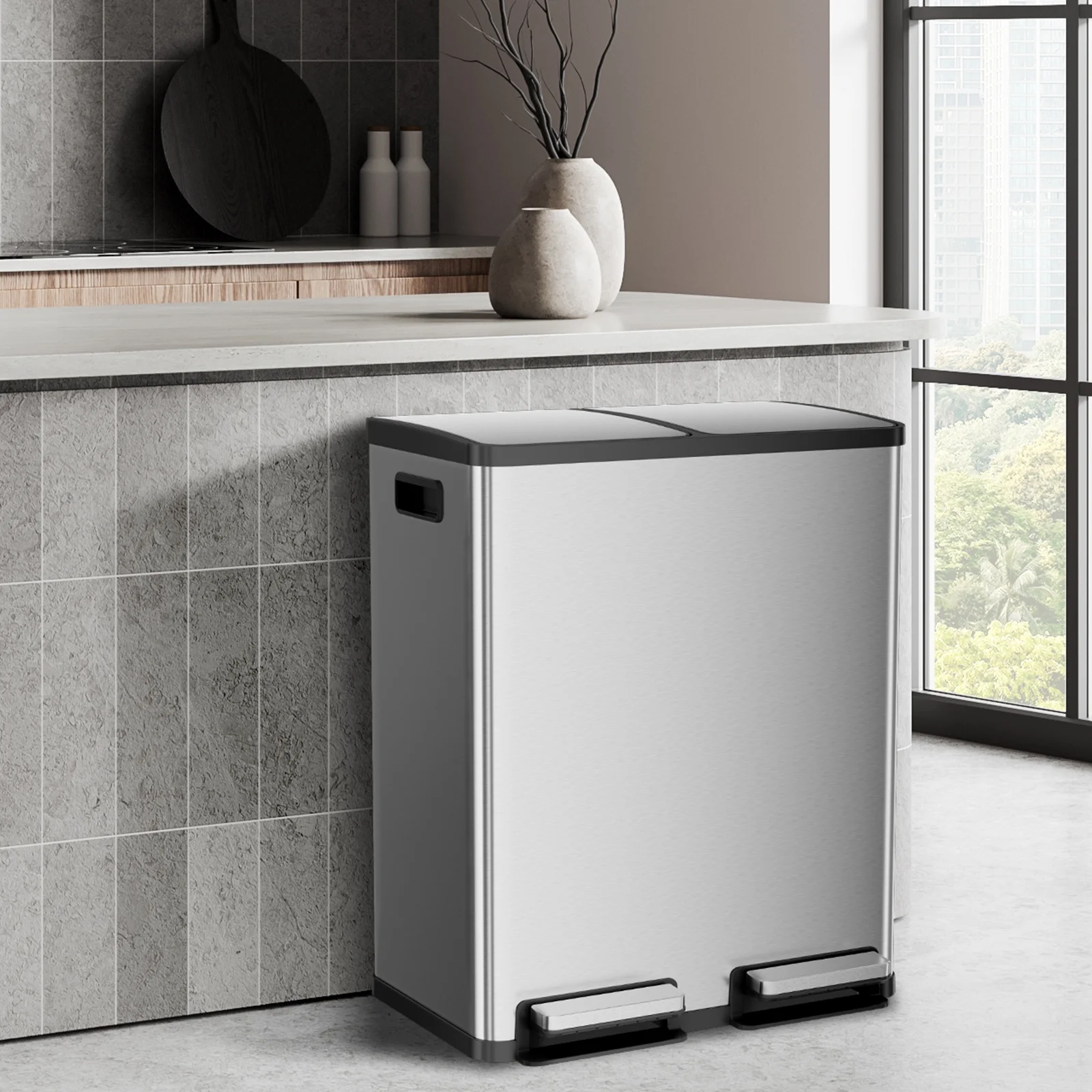 GIANNA Kitchen Trash Can with Soft-Close Foot Pedal, 60 Liter Large Stainless Waste Bin, For Home Kitchen Office, Silver - Image 4