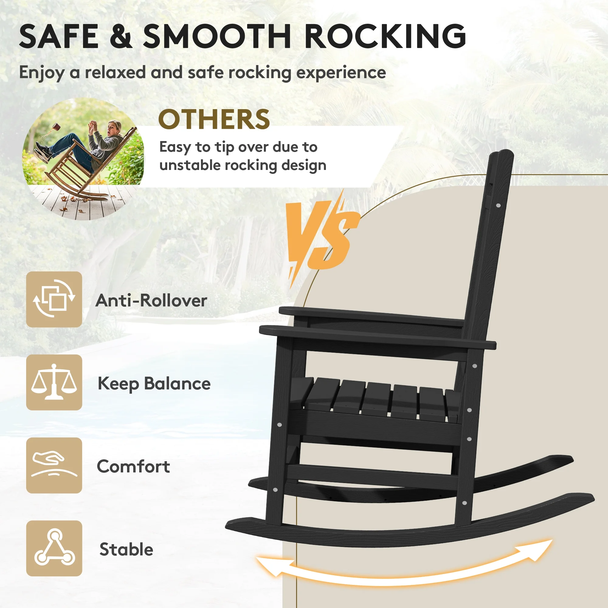 KINGYES HDPE Outdoor Rocking Chairs Set of 2,HDPE Patio Rocker for Porch,Black - Image 4