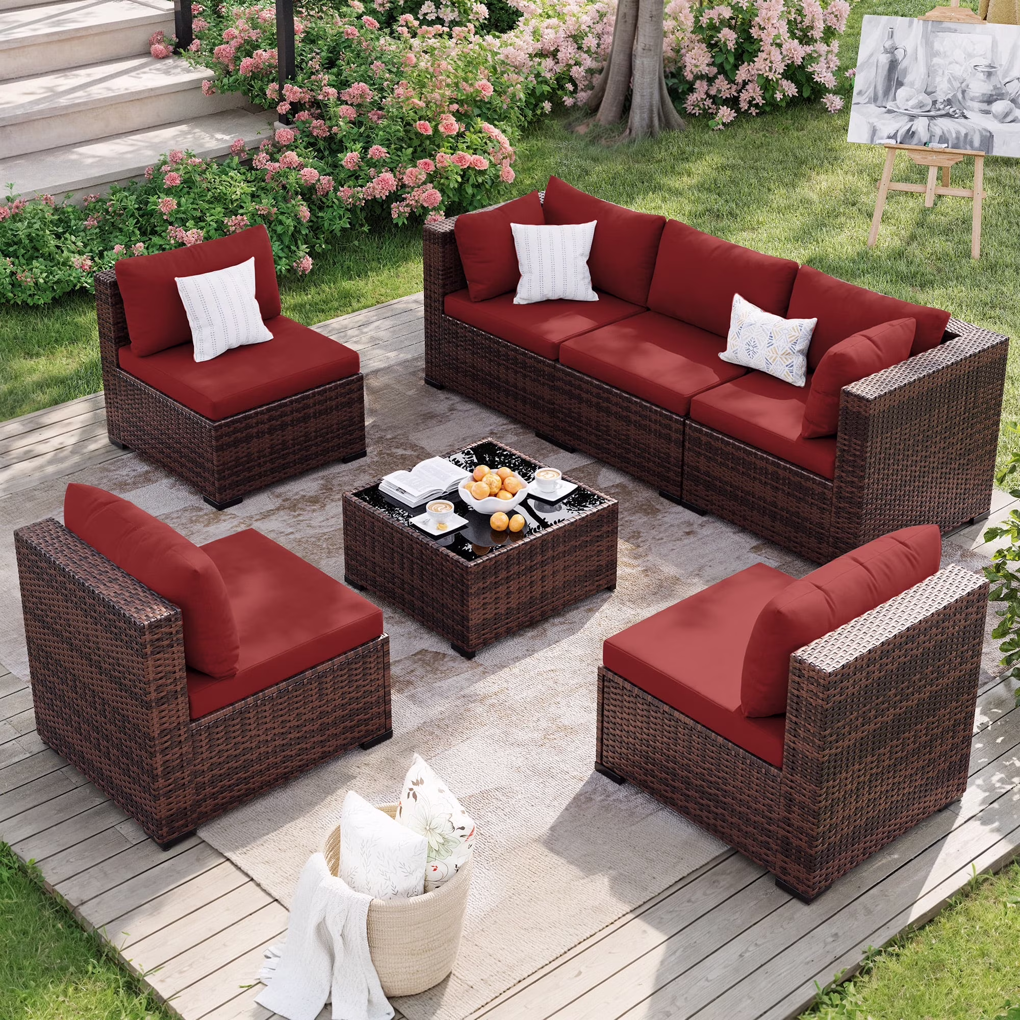 7 Pieces Patio Conversation Set, Outdoor Sectional PE Rattan Wicker Furniture Seat,Dark Gray - Image 3