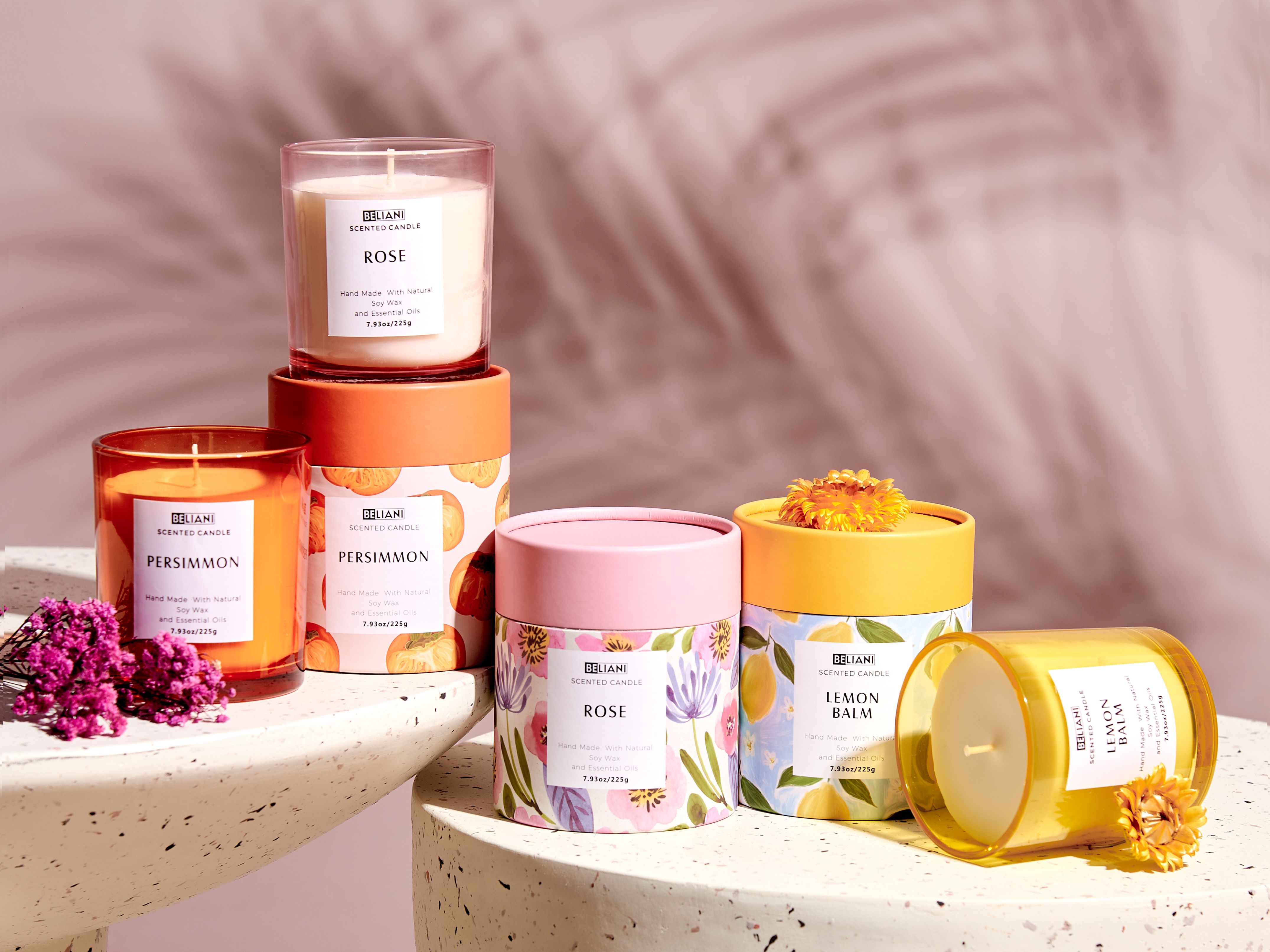 Set of 3 Scented Candles COLORFUL BARREL Soy Wax Oriental Notes Herb Notes Floral Notes