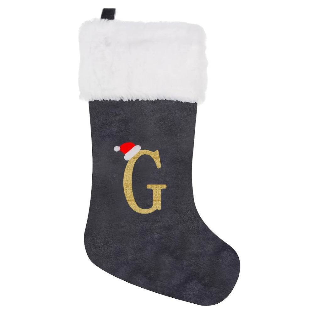Gepersonaliseerde Fluwelen Kerstsok met Monogram – Modern Grijs Ontwerp