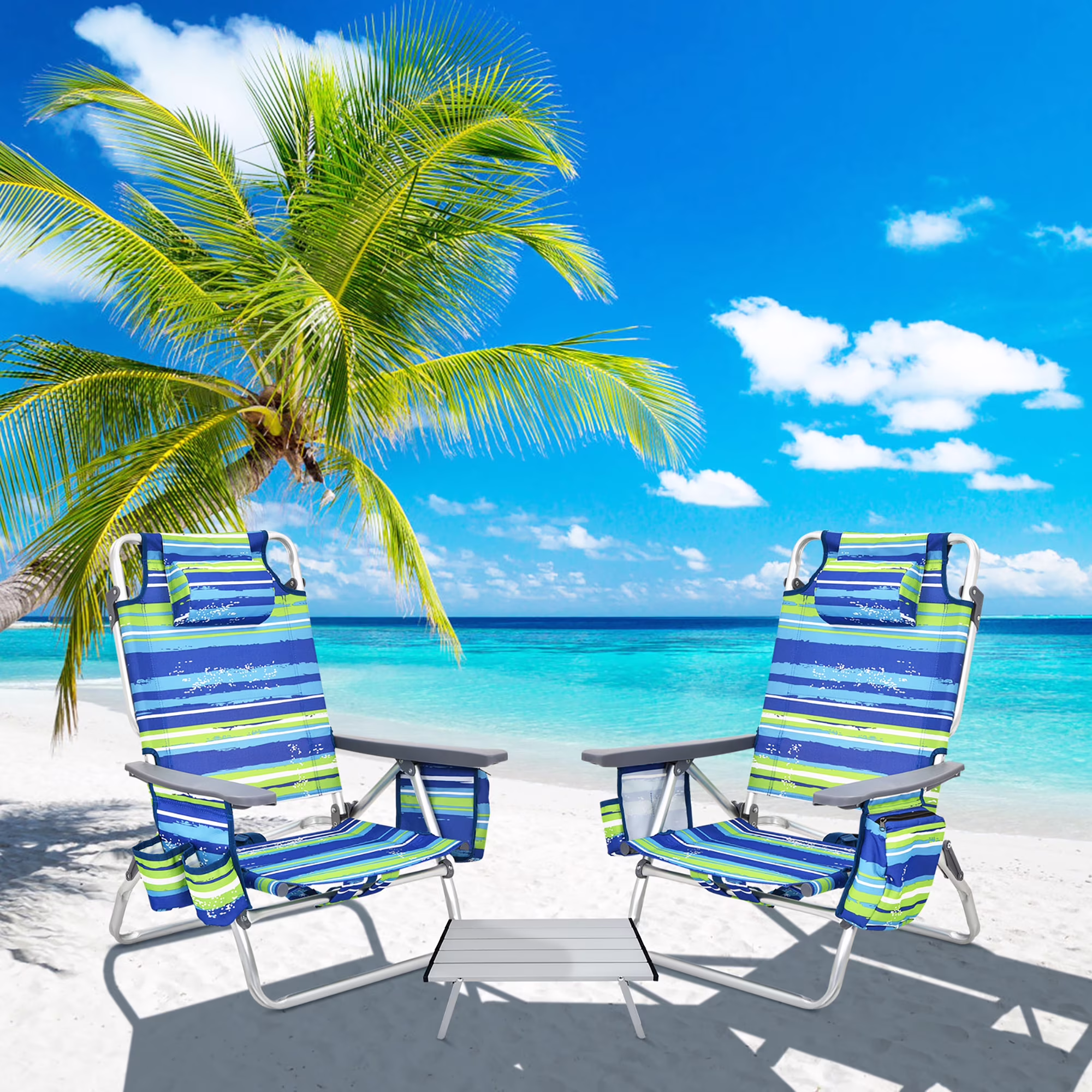 Costway 2-Pack Folding Backpack Beach Chair Table Set 5-Position Outdoor Reclining Chair Pink - Image 5
