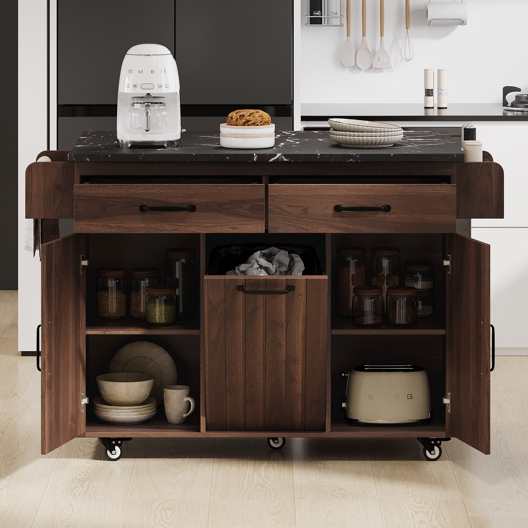 Glavbiku Kitchen Island with Trash Can Storage Cabinet,Kitchen Cart with Drop Leaf,Spice Rack,Walnut