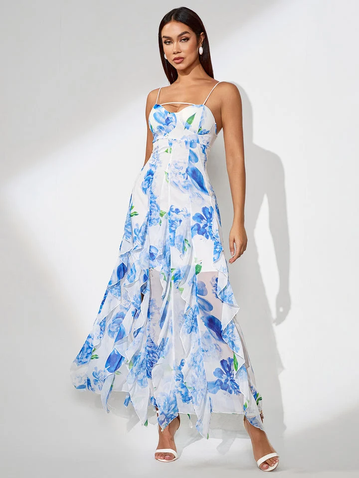 Floral Spaghetti Strap Slit Dress with Sweetheart Neck – Ruffle Hem Midi