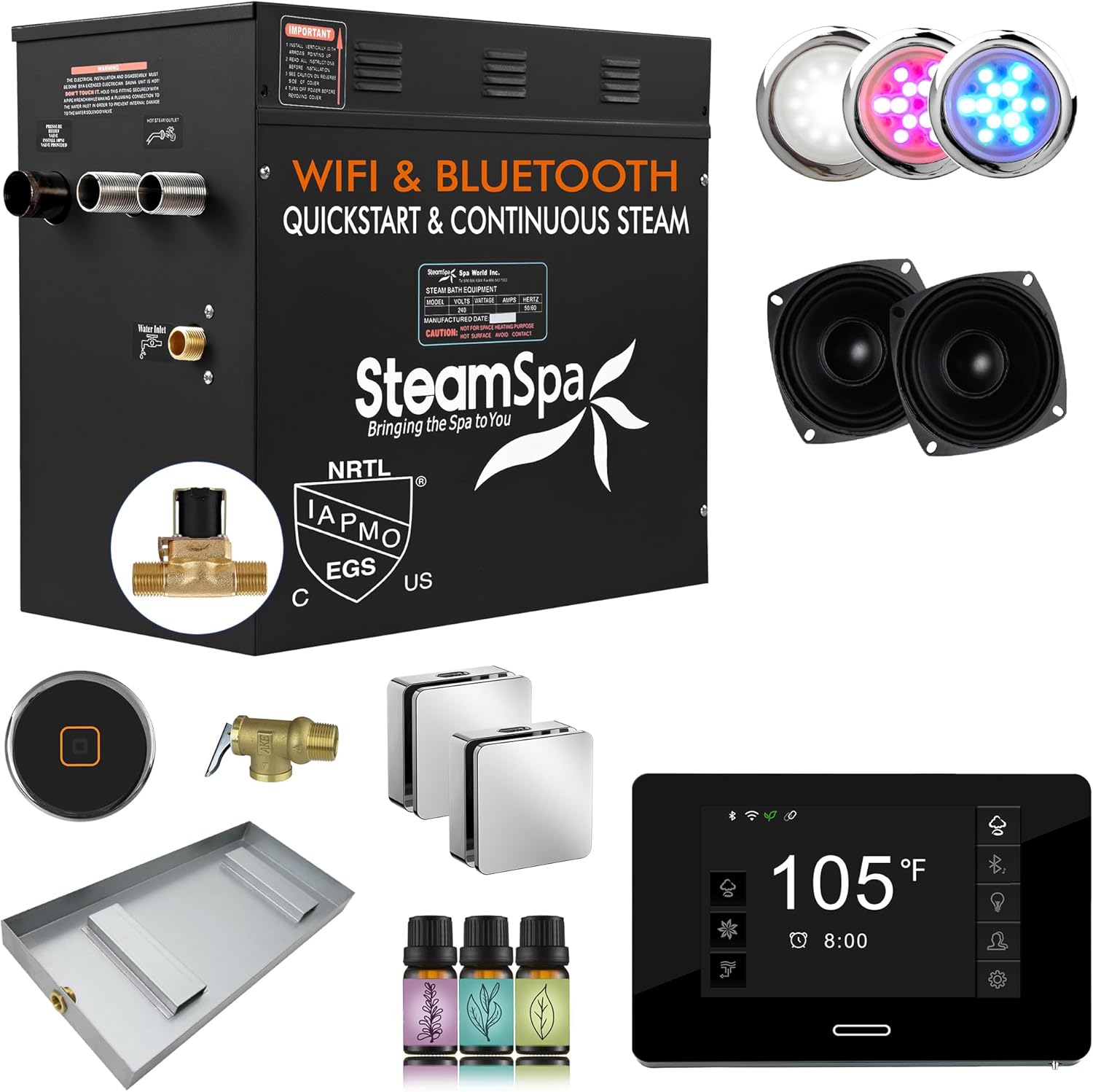 SteamSpa Steam System 12kW Steam Shower Generator with Bluetooth Wifi, Quickstart Continous Steam, Advanced Touch Pad Screen, Chroma Lights, Drain Pan and Auto Drain Chrome RVBS1200CH-A