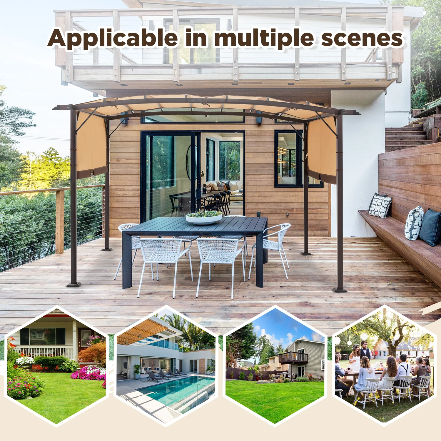 AECOJOY 12�?X 9�?Outdoor Retractable Steel Pergola Canopy with Adjustable Shade-Beige - Image 7