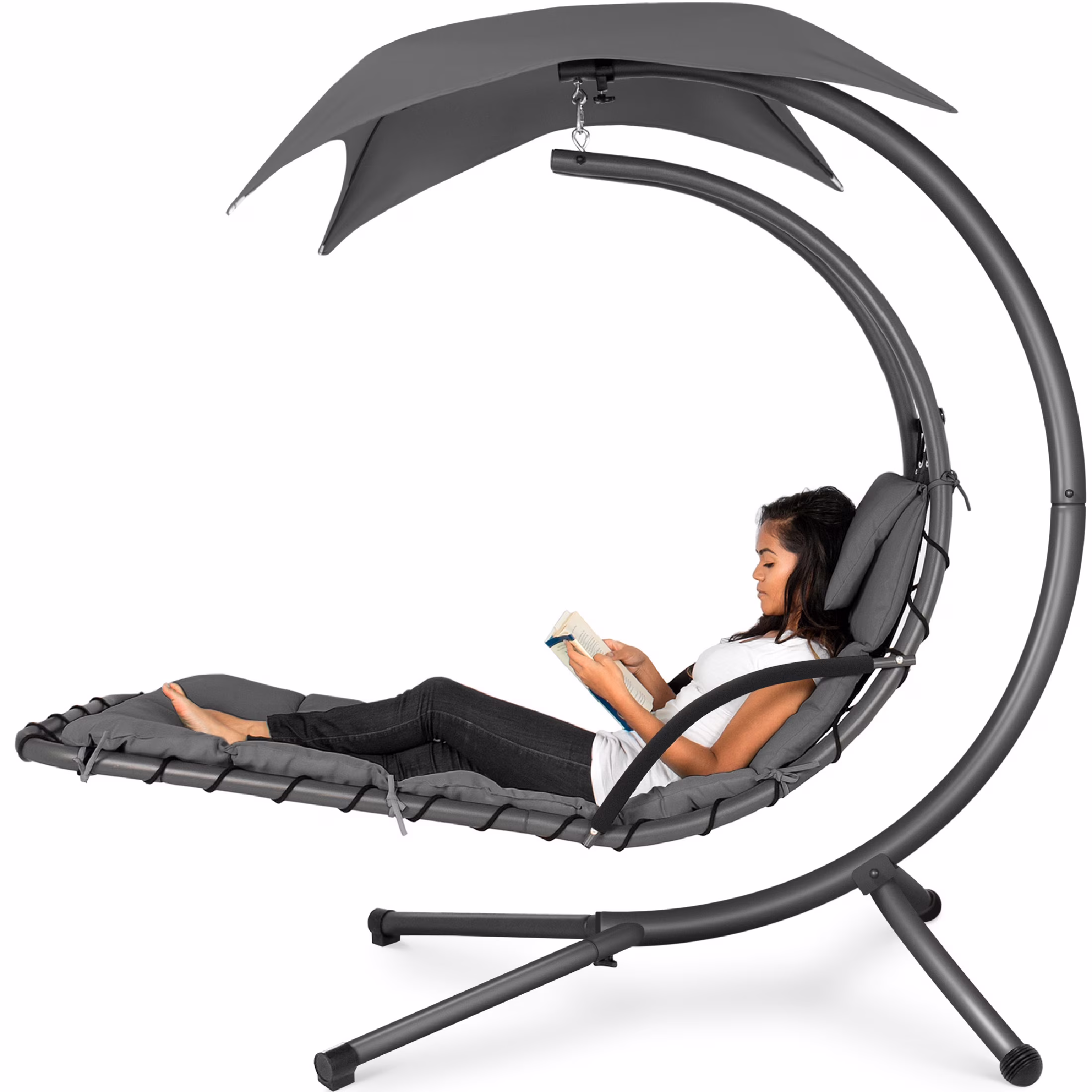 Best Choice Products Hanging Curved Chaise Lounge Chair Swing for Backyard, Patio w/ Pillow, Shade, Stand - Teal - Image 9