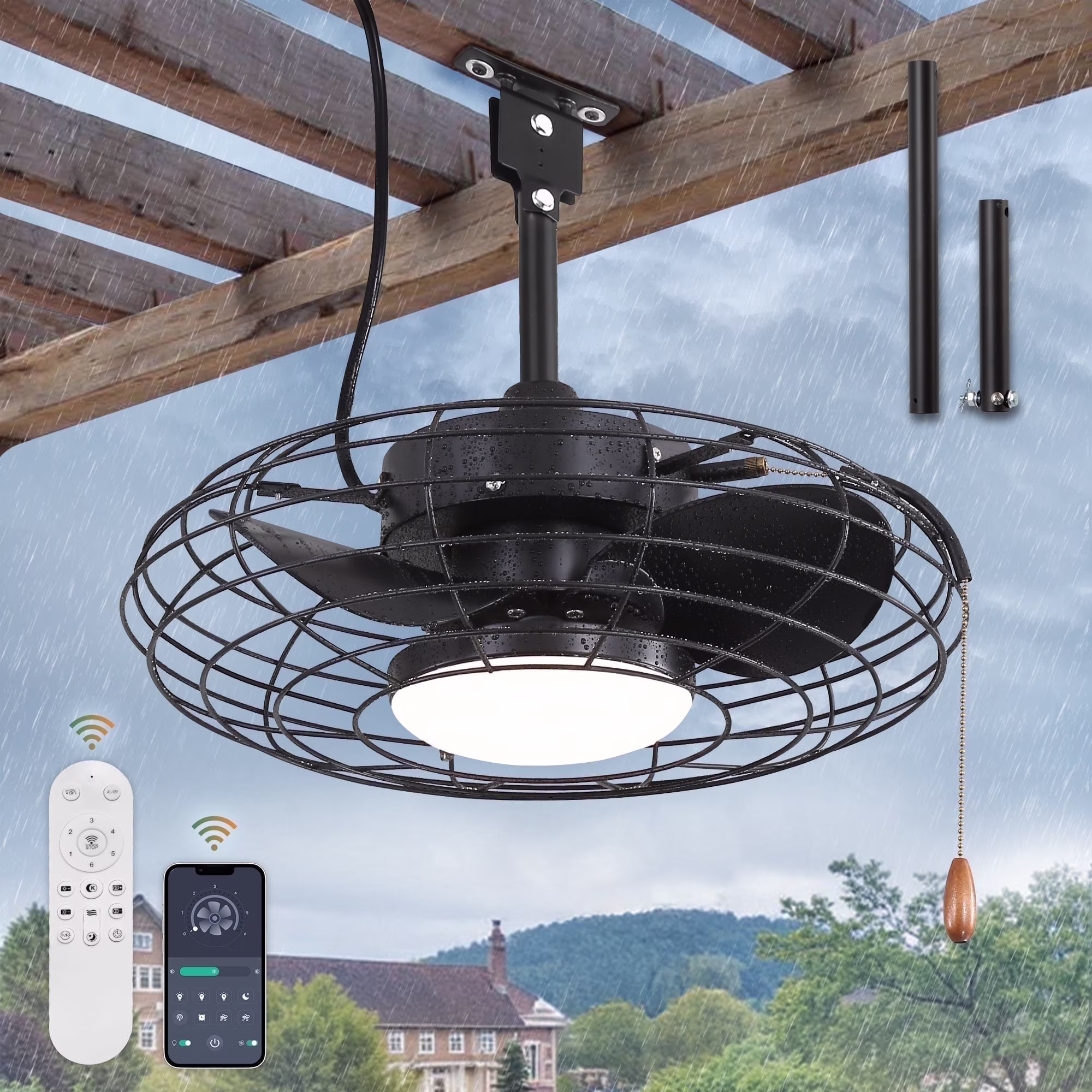 Zardon 20" Outdoor Ceiling Fan with Light and Remote, 7 Blades Caged Waterproof Gazebo Fan for Patio, Porch, Pergola Canopy, App Control - Image 3