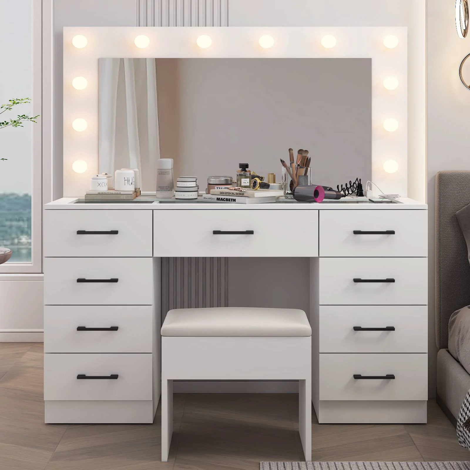 Ktaxon Large Makeup Vanity, Vanity Table Set w/ Visible Glass Top w/ Charging Station, White - Image 4