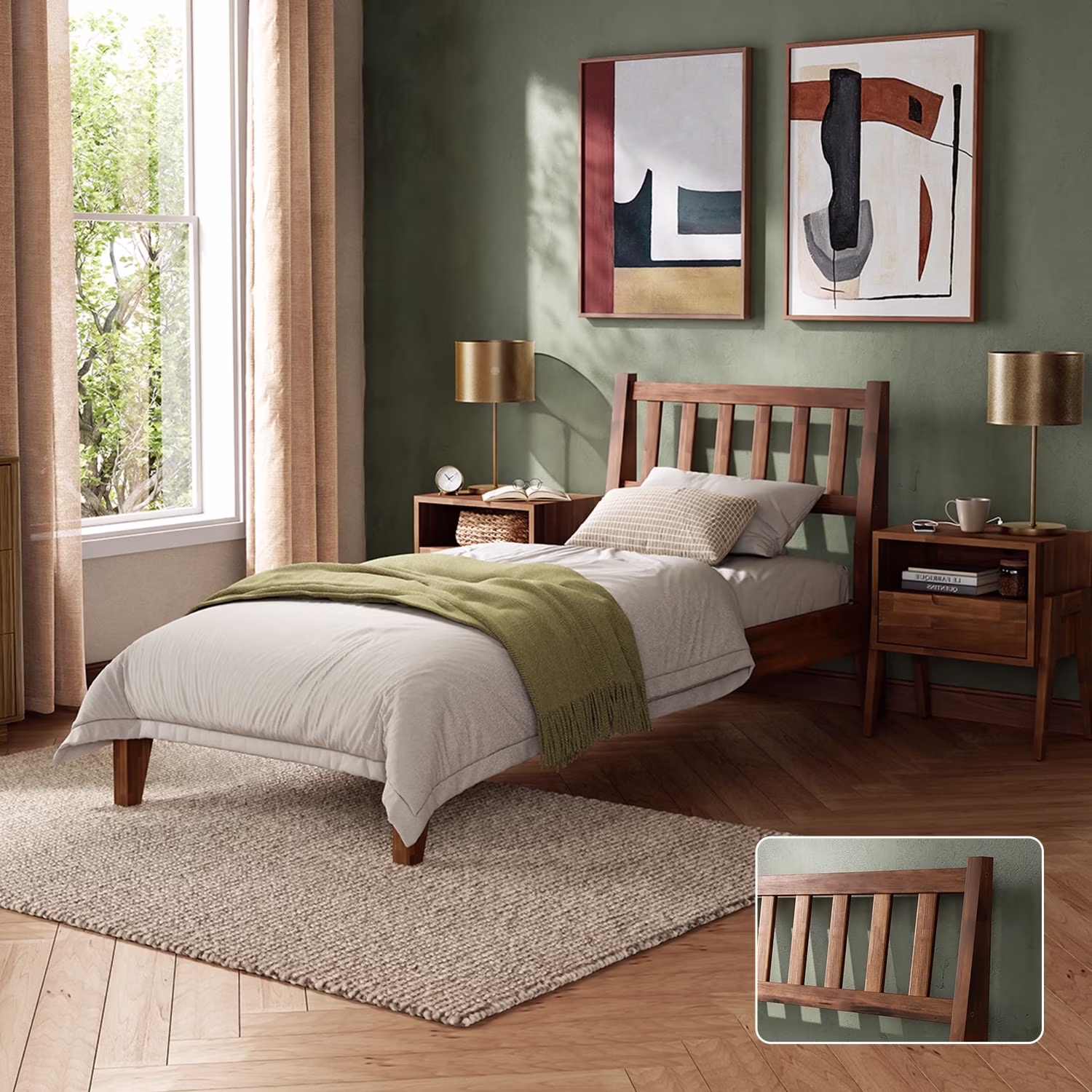 Mopio Ted Queen Bed Frame with Headboard, Full Size Bed Frame, Mid Century Modern Acacia Solid Wood Platform Bed Frame, Wooden Bed Slats, No Box Spring Needed, Double Metal Bar Support, Walnut - Image 5