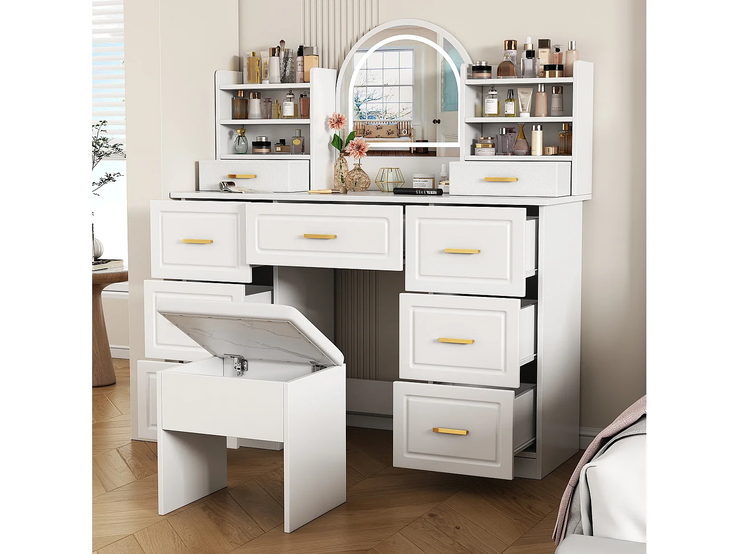 Coiffeuse avec miroir 120x40x135 cm - avec éclairage LED - avec 9 tiroirs - blanc