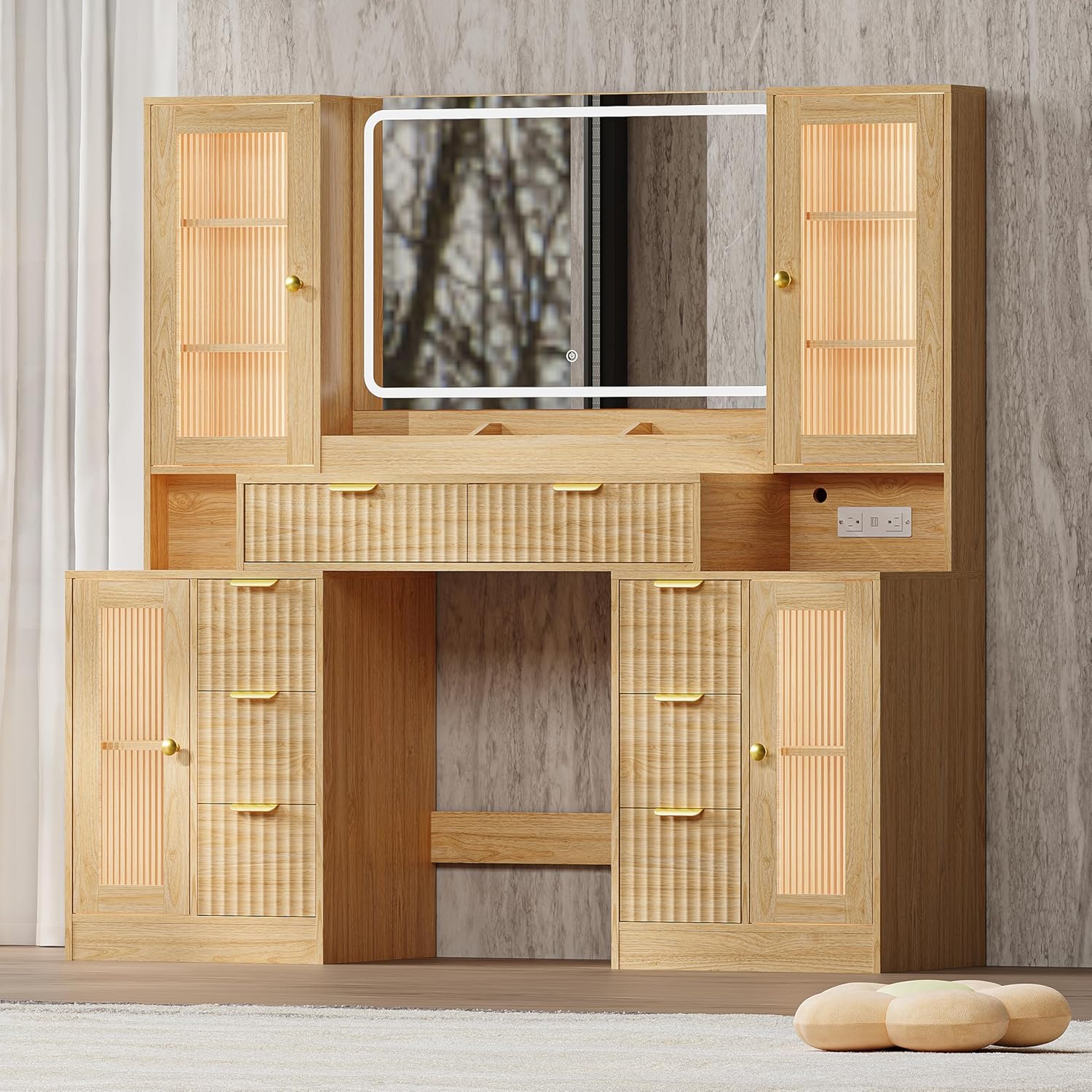 Fluted Makeup Vanity Desk with Mirror and Lights, 55