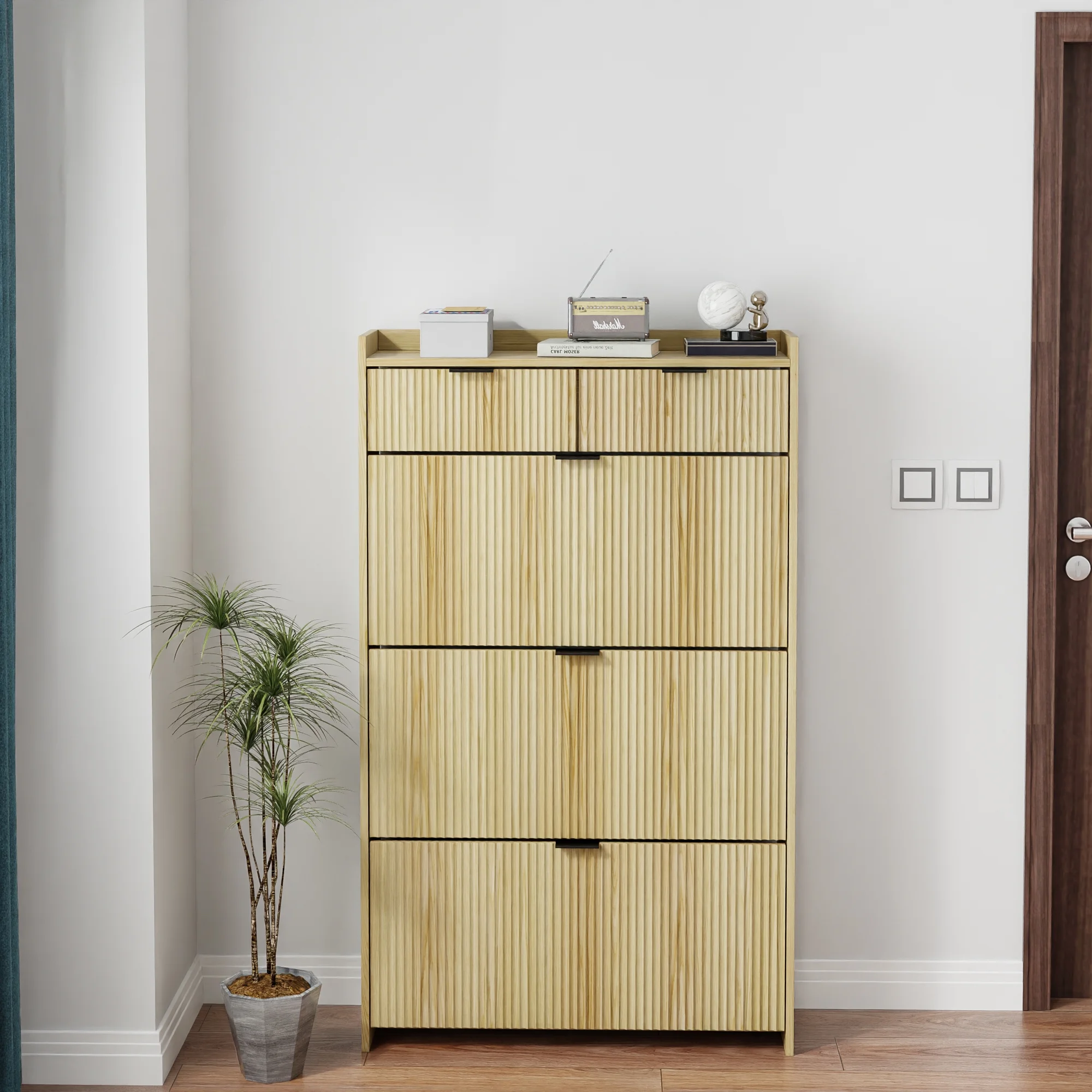 Shoe Cabinet, Free Standing Tipping Bucket Shoe Rack Organizer with 3 Flip Drawers, Modern Entryway Narrow Shoe Rack with 2 Drawers & Top Storage, for Hallway Bedroom, Walnut - Image 18