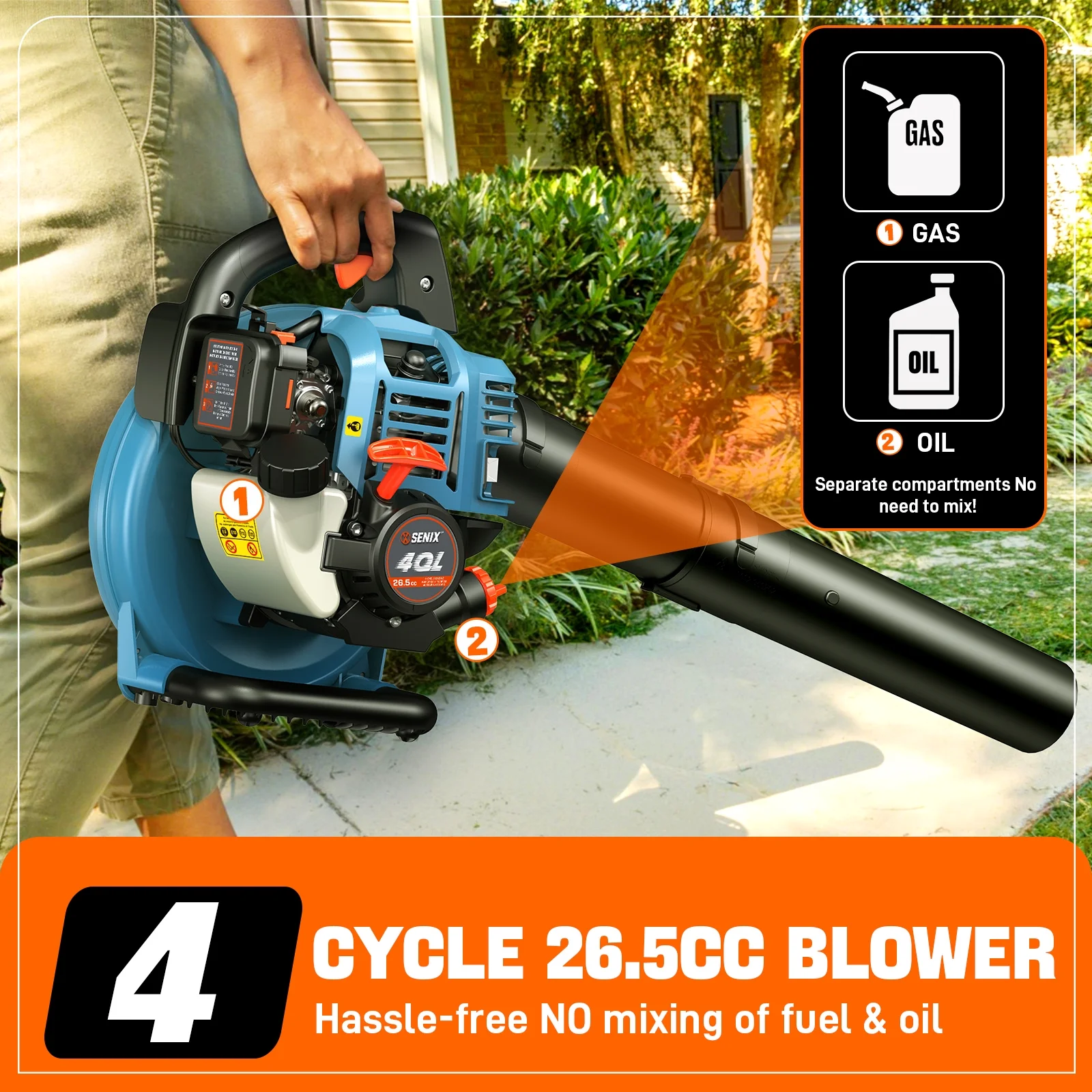 SENIX 4QL 26.5cc 4-Cycle Gas Powered Leaf Blower, 410 CFM/125 MPH, Dual-Grip Handle, Lightweight, BL4QL-L - Image 2
