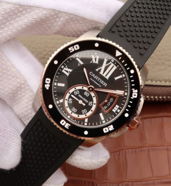 Replica Cartier JJF Calibre De Cartier Diver SS Black Dial RG Bezel Black Rubber Strap A23J - Elite Watch Atelier
