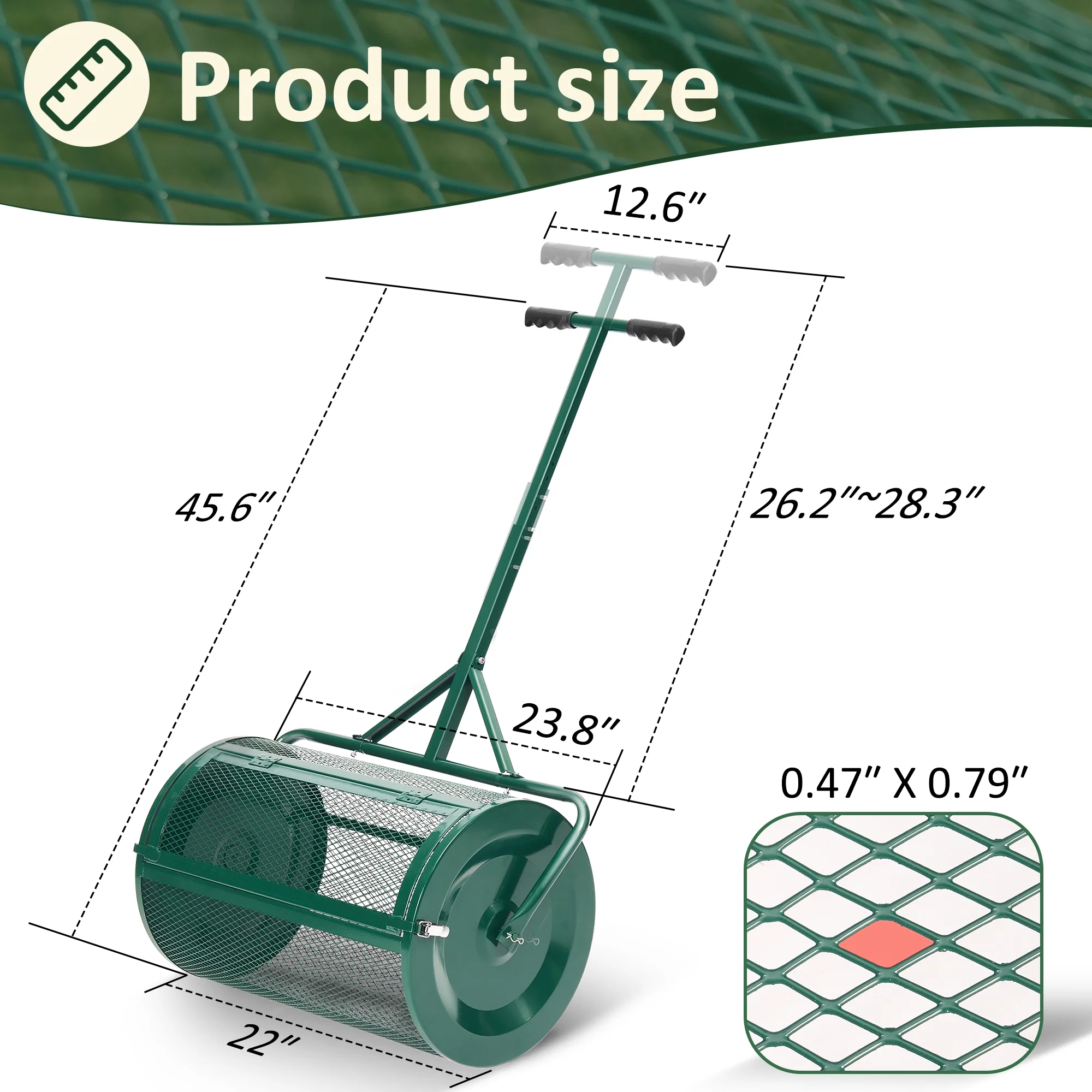 MUCHANT 24" Compost Spreader, Heavy-Duty Metal Mesh Spreader with Adjustable Handle for Lawn, Green - Image 5