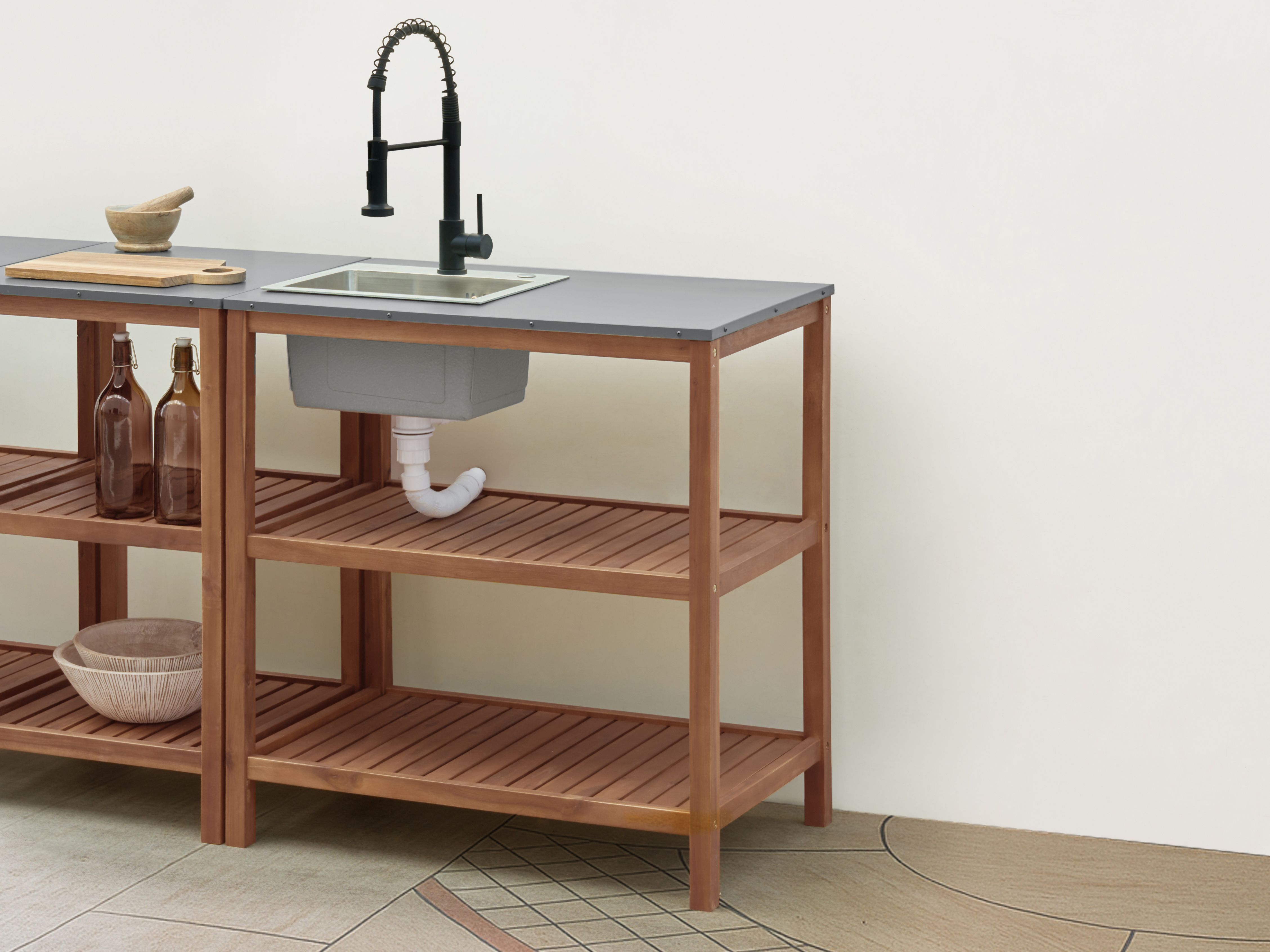 Outdoor Kitchen Island with Sink BRUCOLI Acacia Wood Brown/ Black