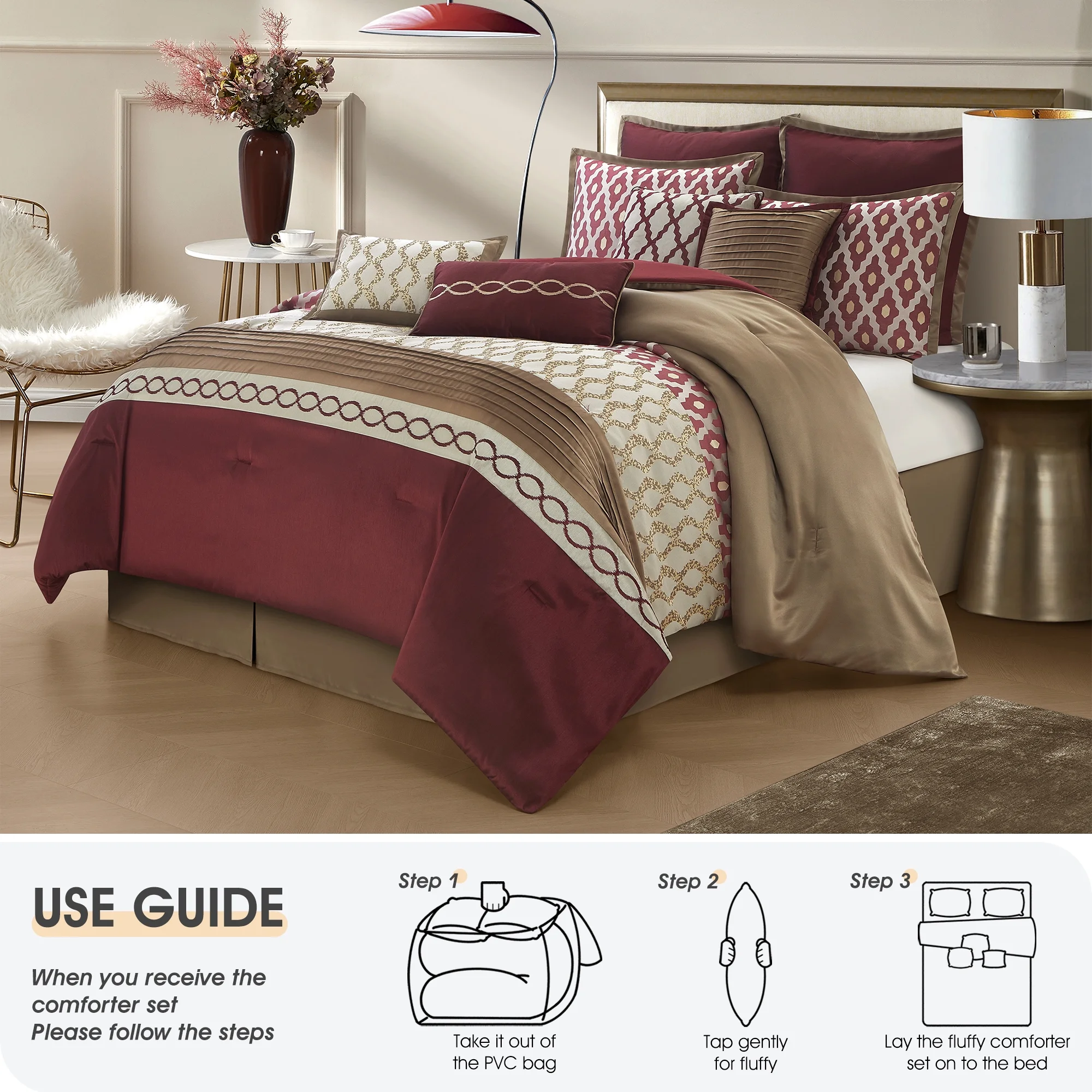 LANCO MODERN LIFESTYLE King Size Comforter Set, Burgundy, 10 Piece Bed in a Bag for All Seasons, Luxury Extreme Comfort Bedding Sets with Bedskirt, Pillow Shams, Euro Shams and Decor Pillows