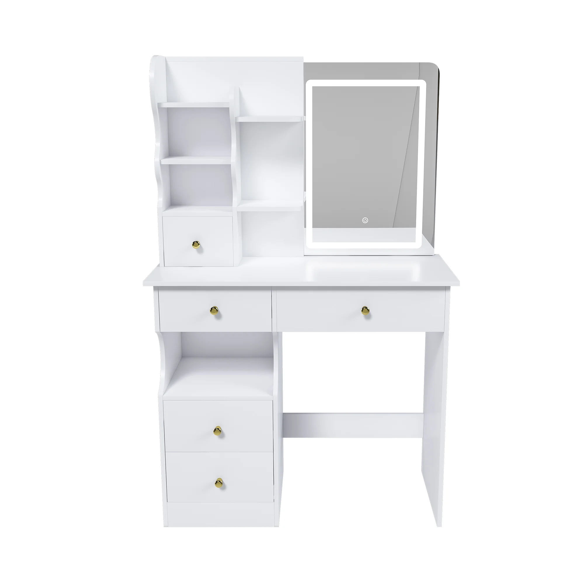 Montary Modern Mini Vanity w/Adjustable LED Mirror + Hidden Storage, Padded Stool & Dustproof Shelves (White) - Image 31