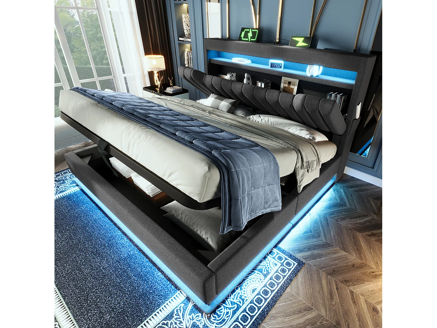 Lit coffre double capitonné - 180 x 200 cm - avec tête de lit + USB + Leds + rangement hydraulique - lin - gris