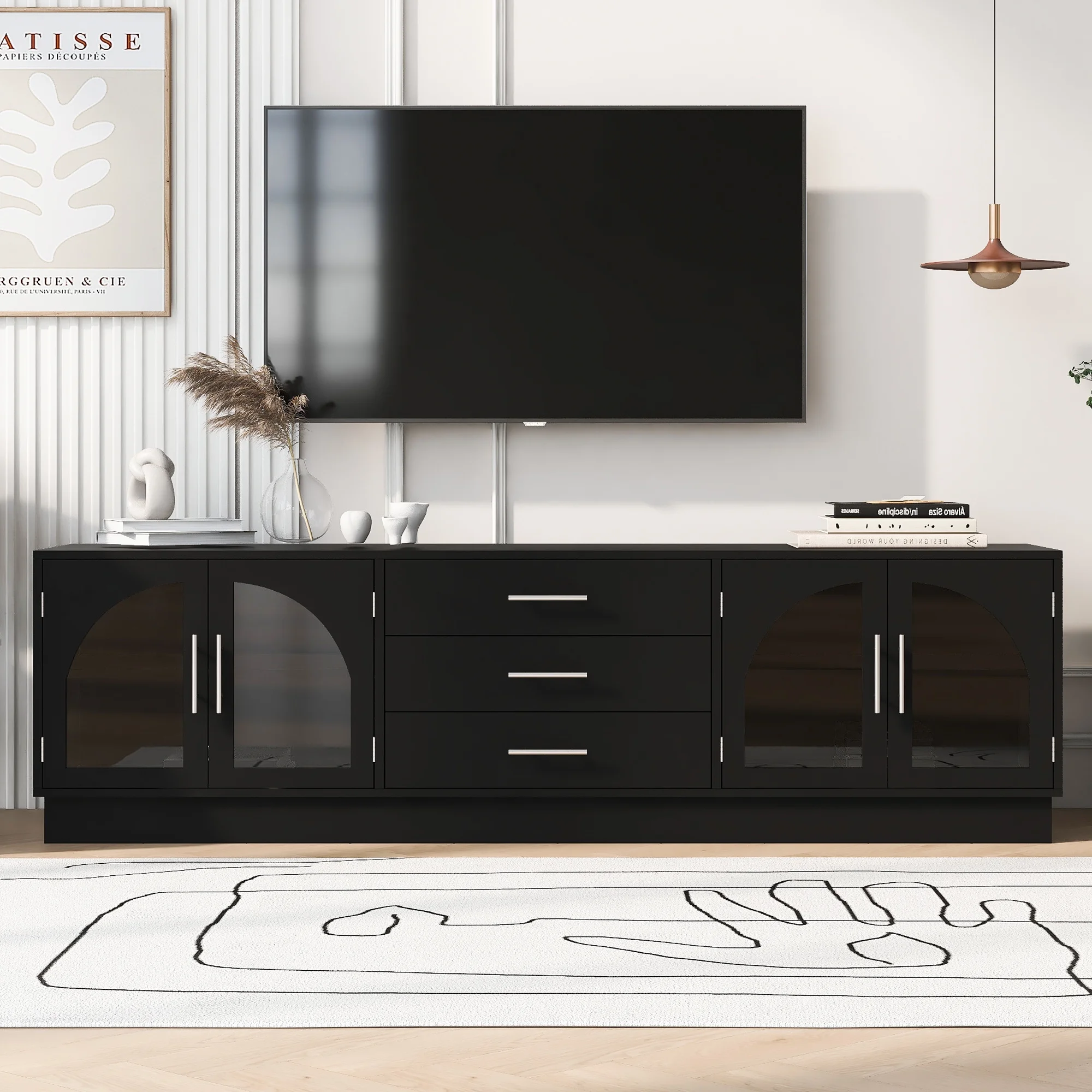 Euroco Modern TV Stand with Arched Glass Doors, Drawers & Adjustable Shelves for TVs up to 75 Inches
