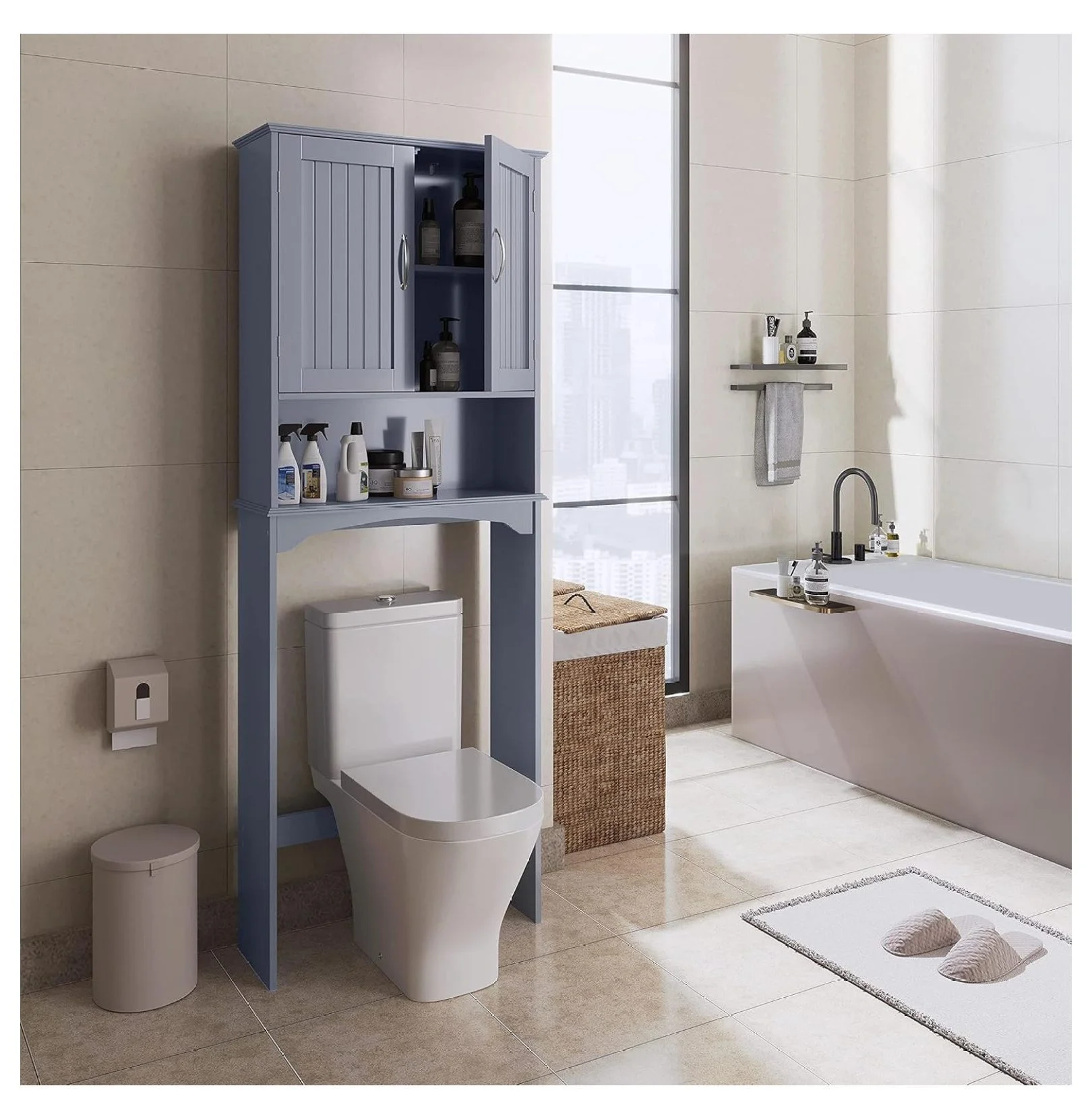 Over The Toilet Storage, Bathroom Storage Organizer with 2 Doors and Adjustable Shelf, L24.5xW9xH66 Inches, Gray
