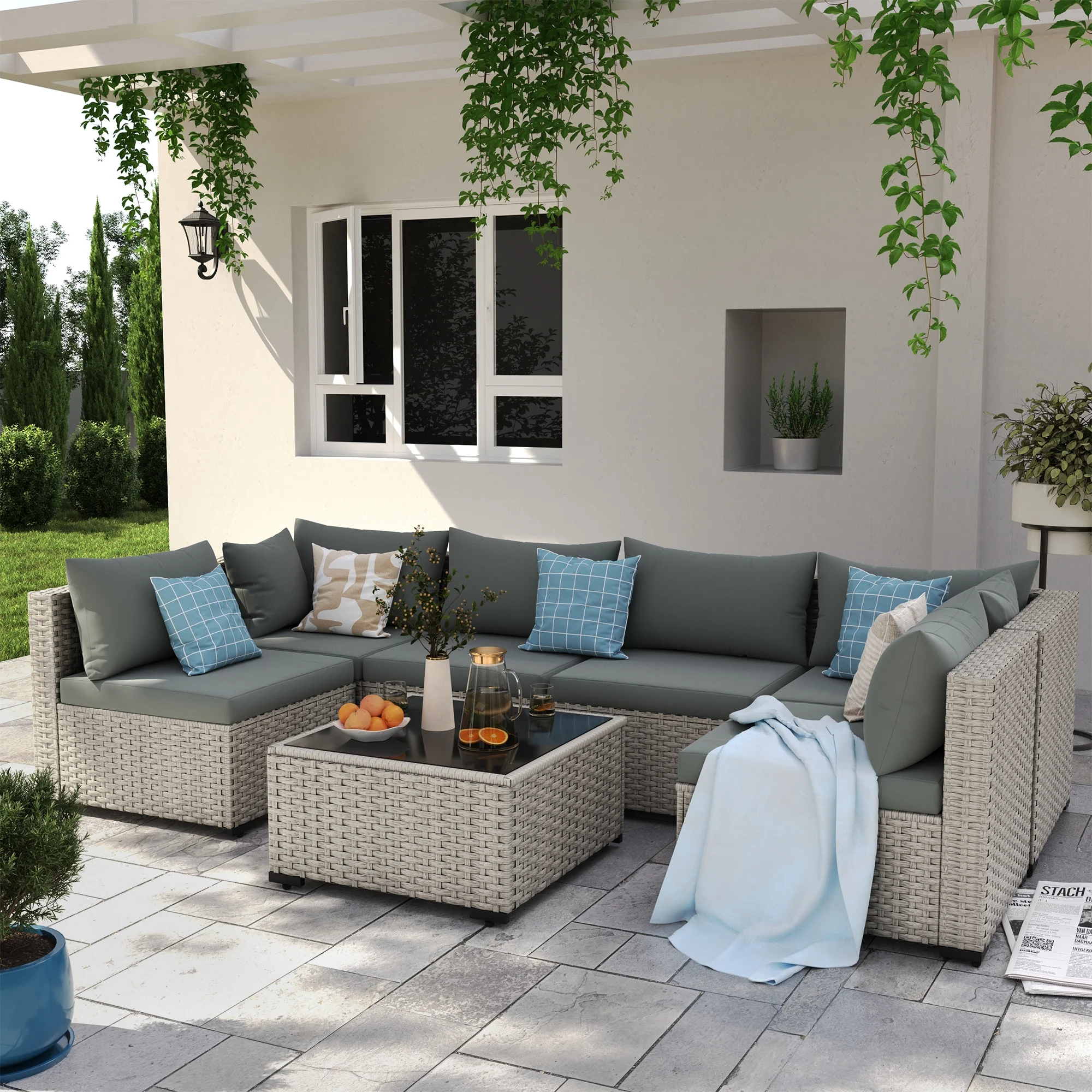 7 Pieces Patio Conversation Set, Outdoor Sectional PE Rattan Wicker Furniture Seat,Dark Gray - Image 8