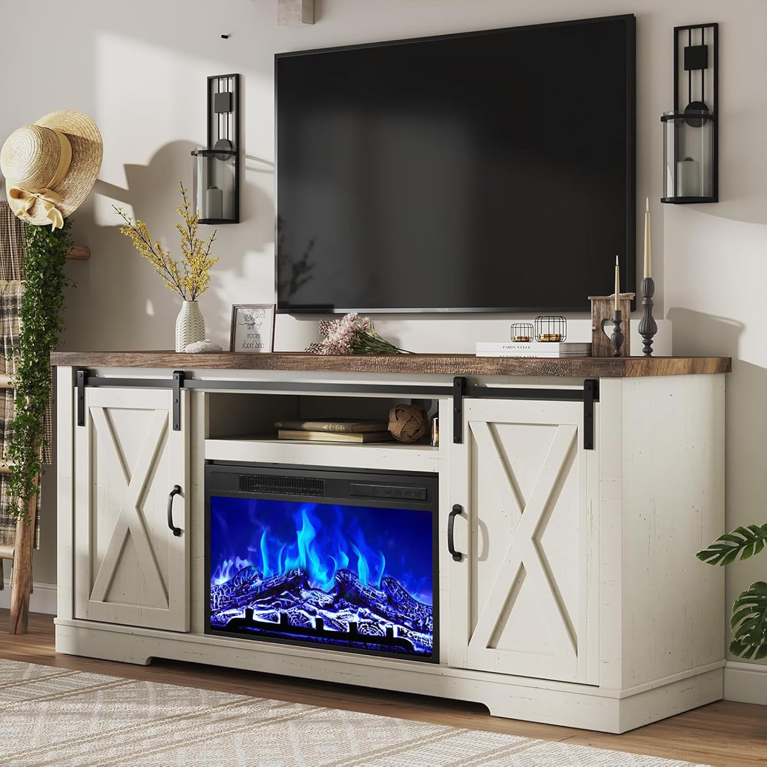 AMERLIFE Fireplace TV Stand with Sliding Barn Door for TVs up to 73