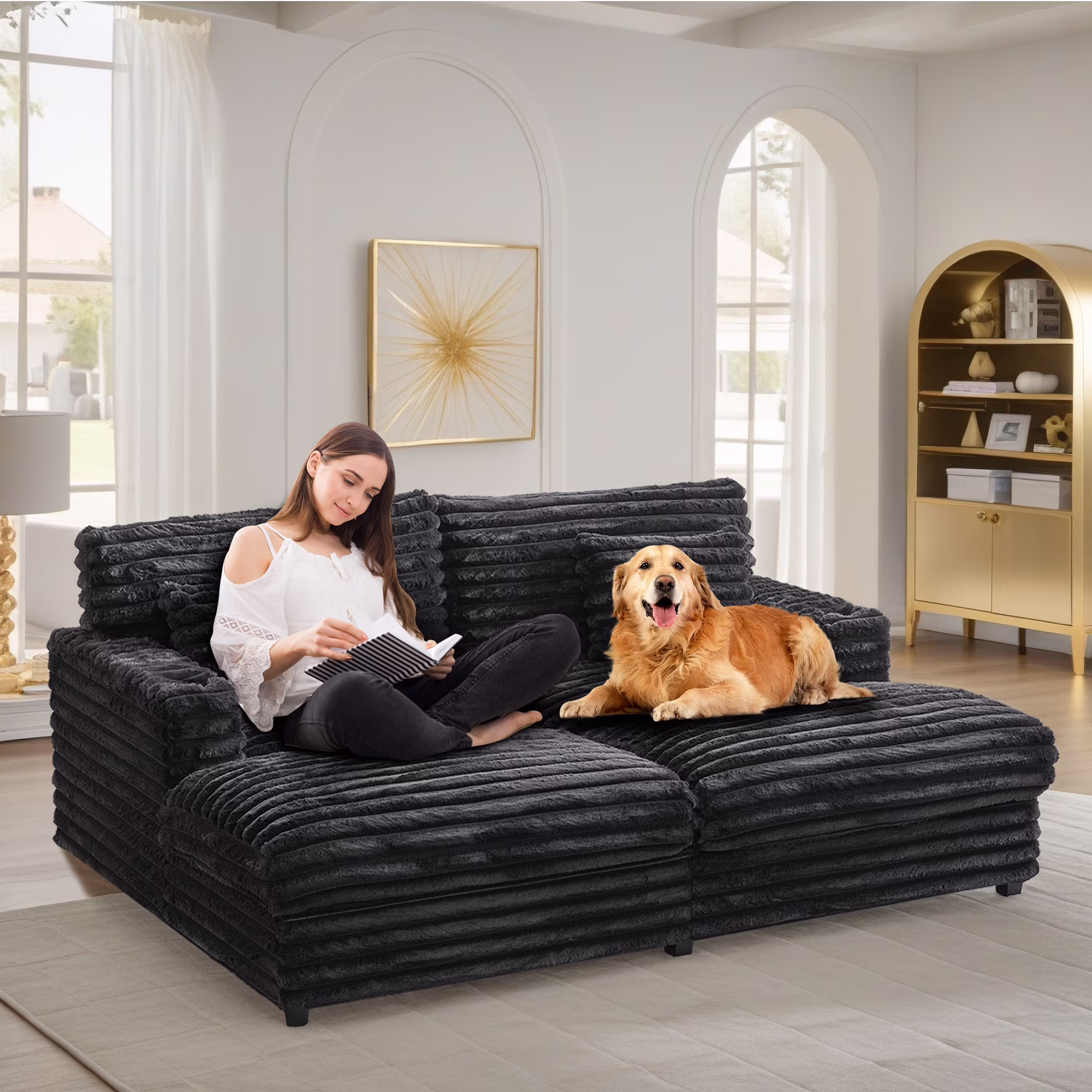Oversized Double Chaise Lounge, Faux Fur Upholstered Deep Seat Sofa with 2 Pillows, 2 Cupholders, and Dual USB Ports - Image 3