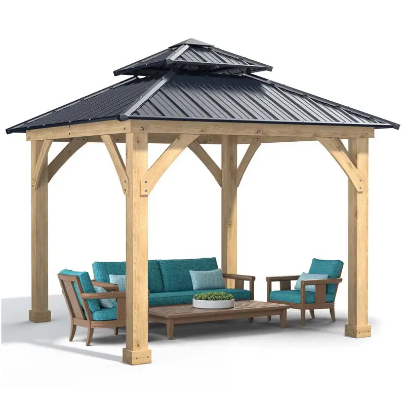 Hardtop Patio Gazebo, 10 x 10 FT, Gray, Wood And Steel - Image 2 Hardtop Patio Gazebo, 10 x 10 FT, Gray, Wood And Steel - Image 2