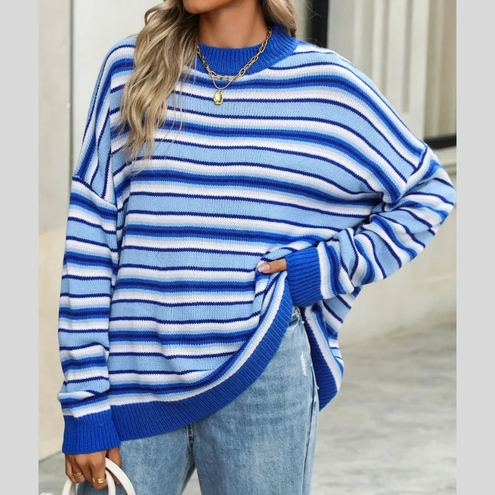Striped Mock Neck Long Sleeve Sweater - ZKZOOK