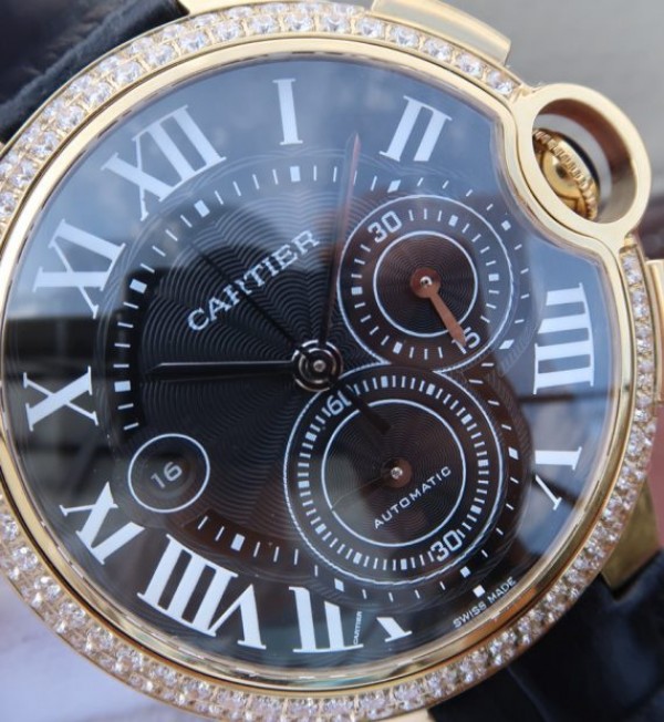 Replica Cartier Ballon Bleu De Cartier Chrono YG Black Dial Diamonds Bezel A8101 - Top club